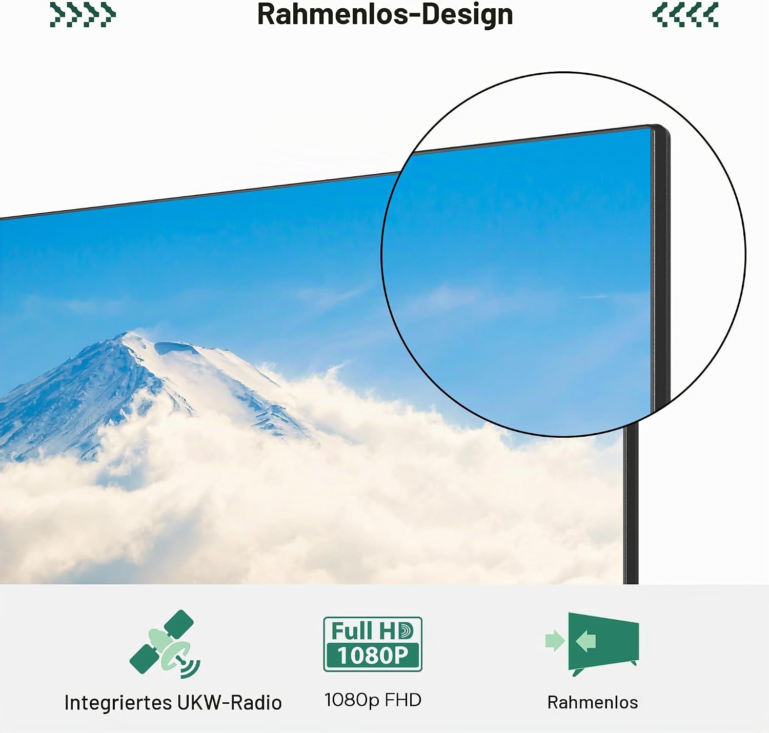 Rahmenloses TV-Design mit FHD-Auflösung und UKW-Radio.