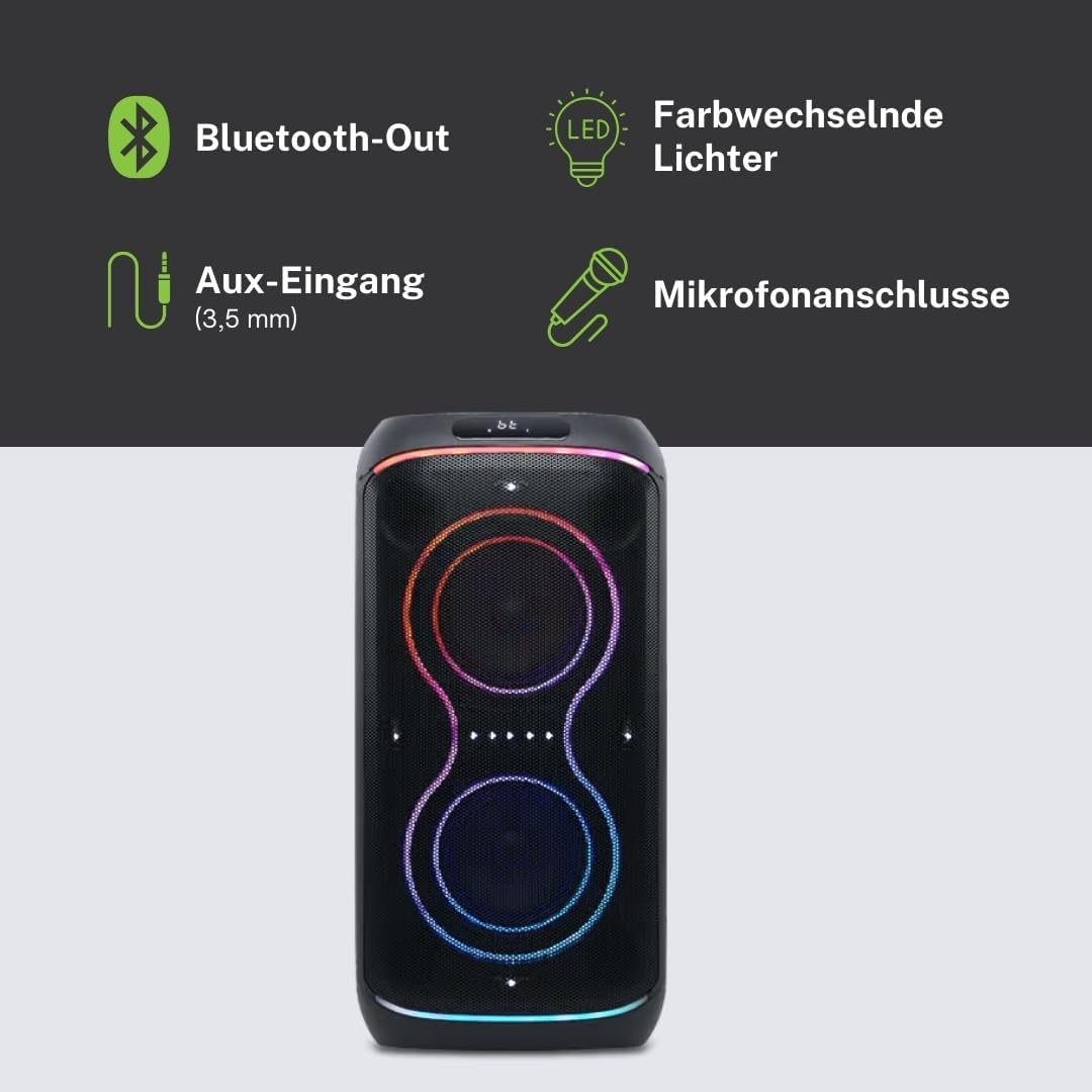 Ein schwarzer Party-Lautsprecher mit bunten LED-Lichtern, Bluetooth-, AUX-Eingang und Mikrofon-Symbolen.