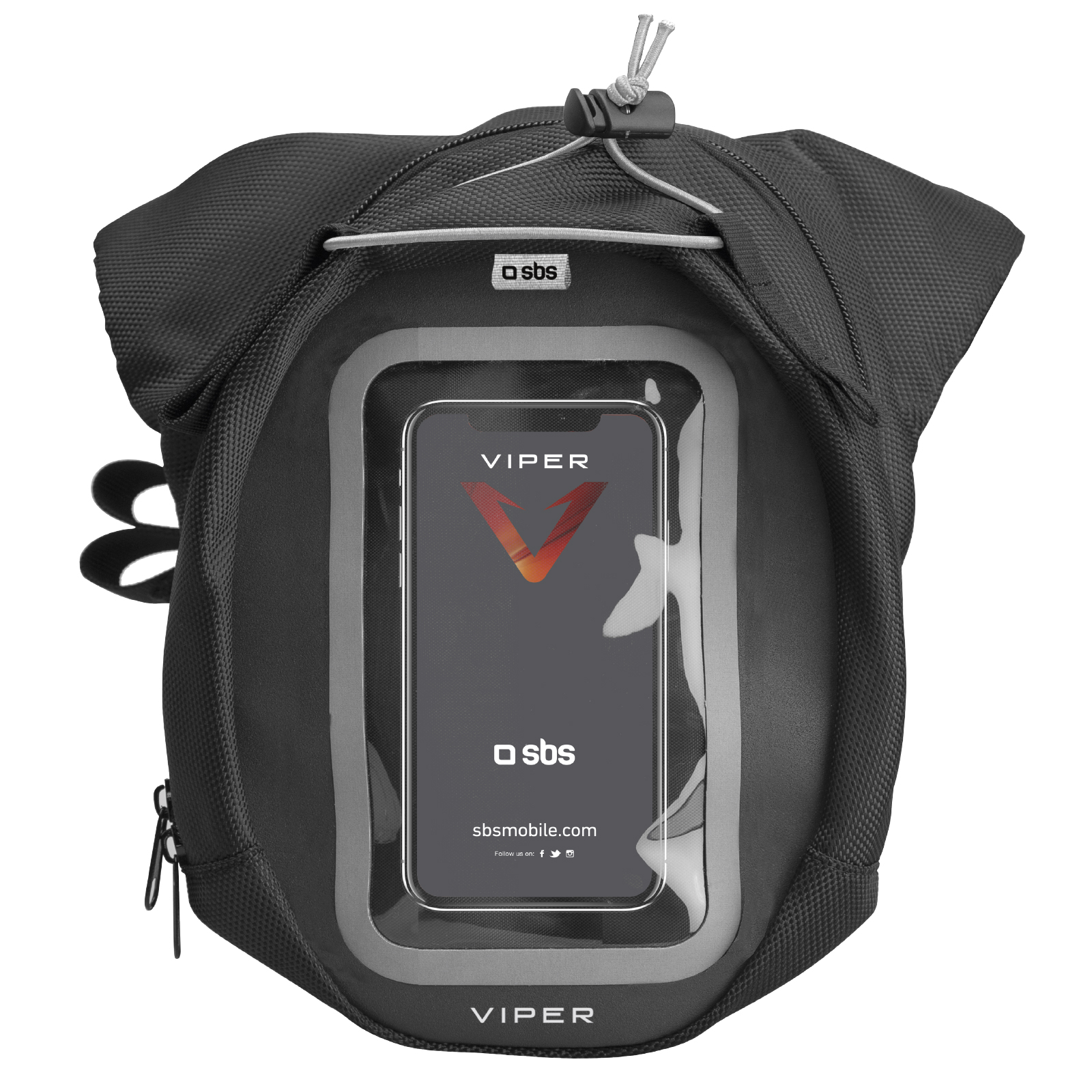 Una borsa da gamba per moto impermeabile nera con una custodia trasparente per telefono con i marchi Viper e sbs.