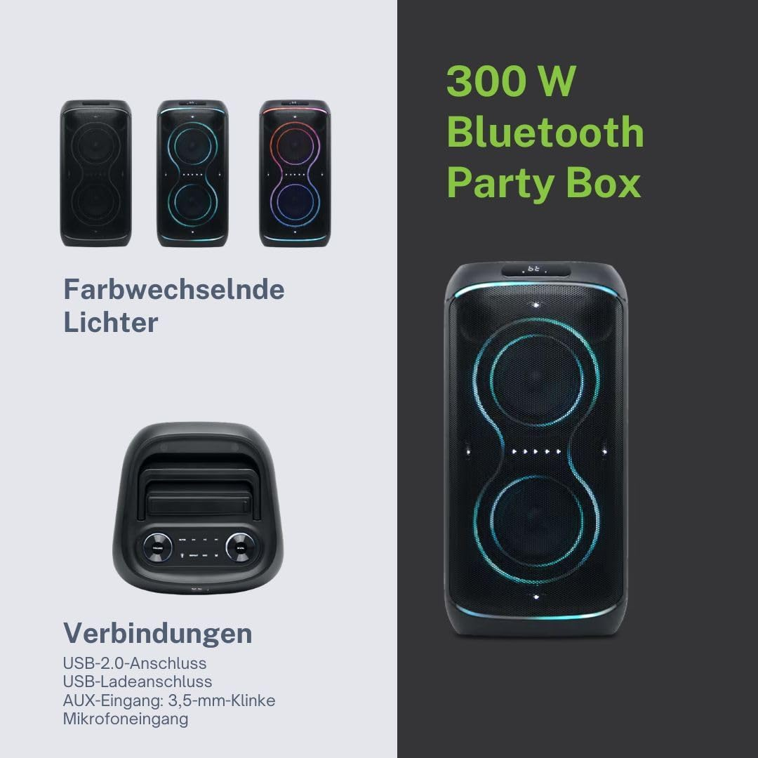 Produktwerbung für eine 300 W Bluetooth-Partybox mit farbwechselnden Lichtern und verschiedenen Anschlüssen.