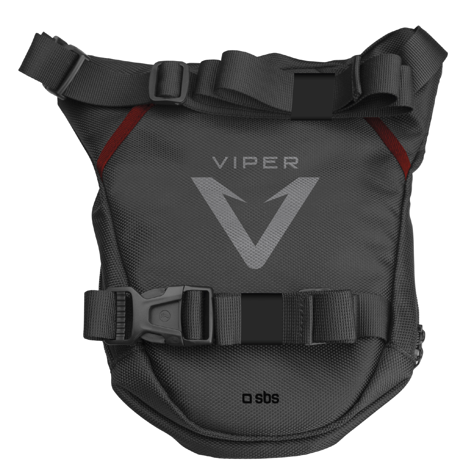 Borsa da gamba nera Viper con cinghie regolabili, fibbie in plastica e dettagli rossi su sfondo bianco.