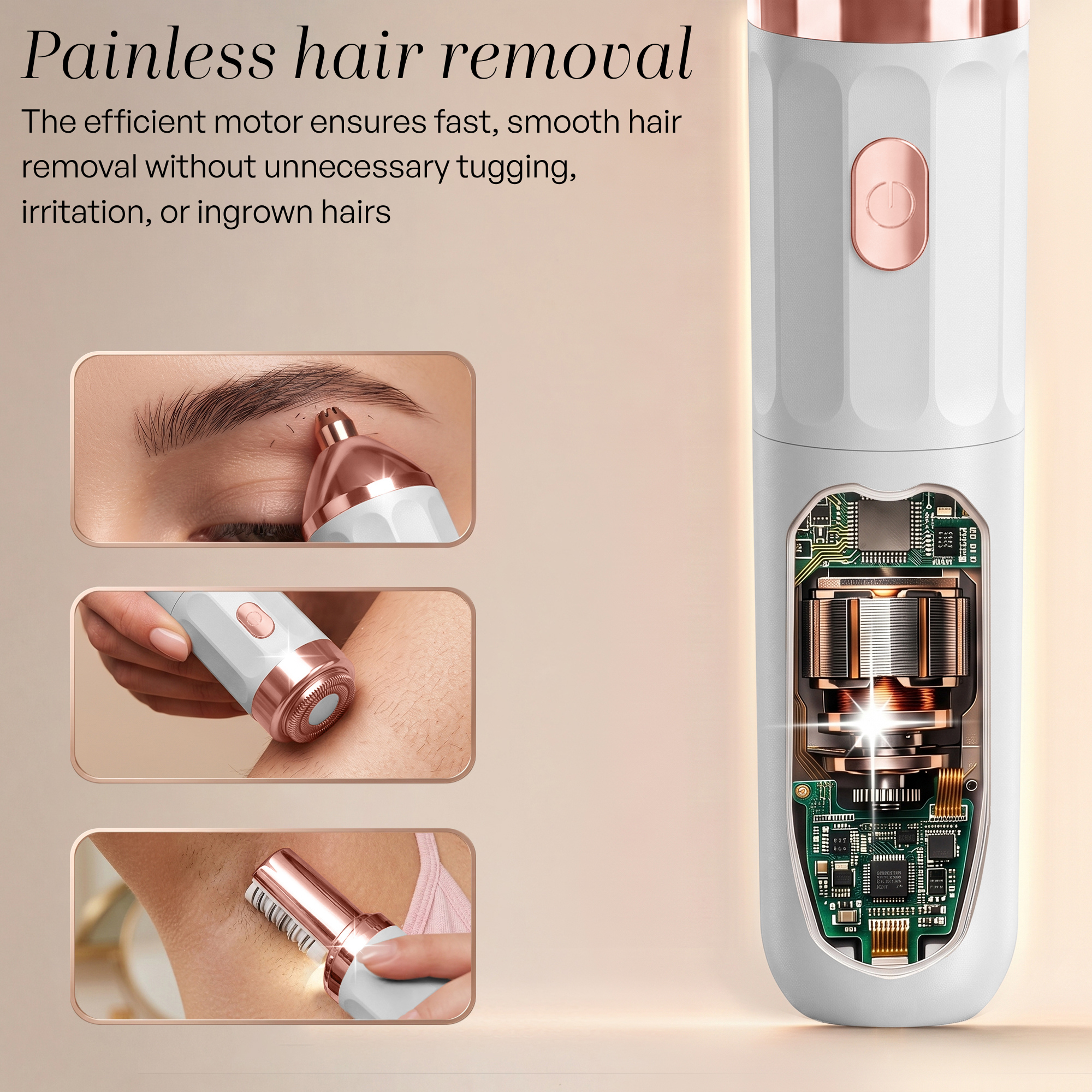 Appareil d'épilation montrant son moteur interne et des exemples d'utilisation sur les sourcils et les bras.