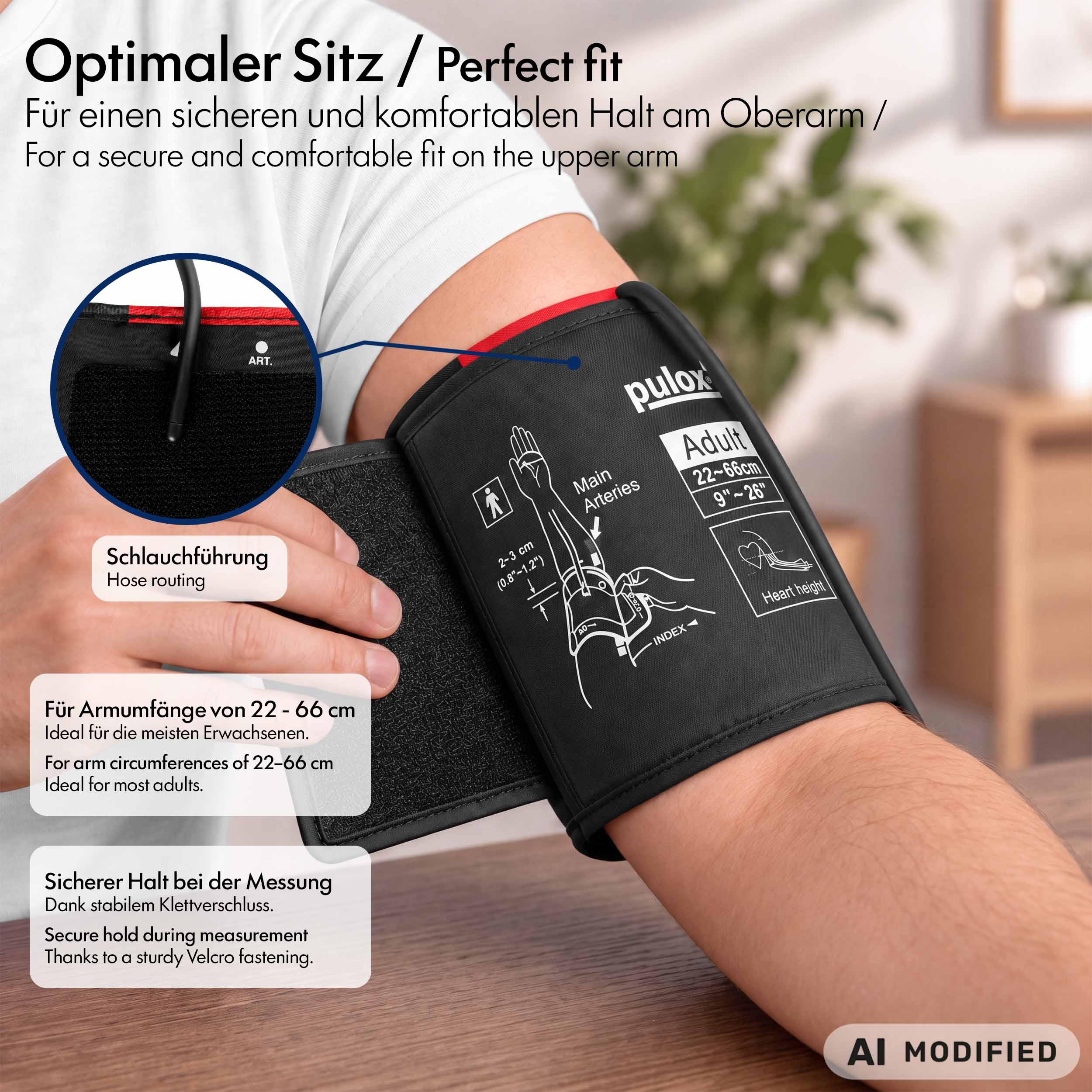 Eine Pulox-Blutdruckmanschette wird an einem Arm angelegt, mit Anleitungen zur korrekten Platzierung.