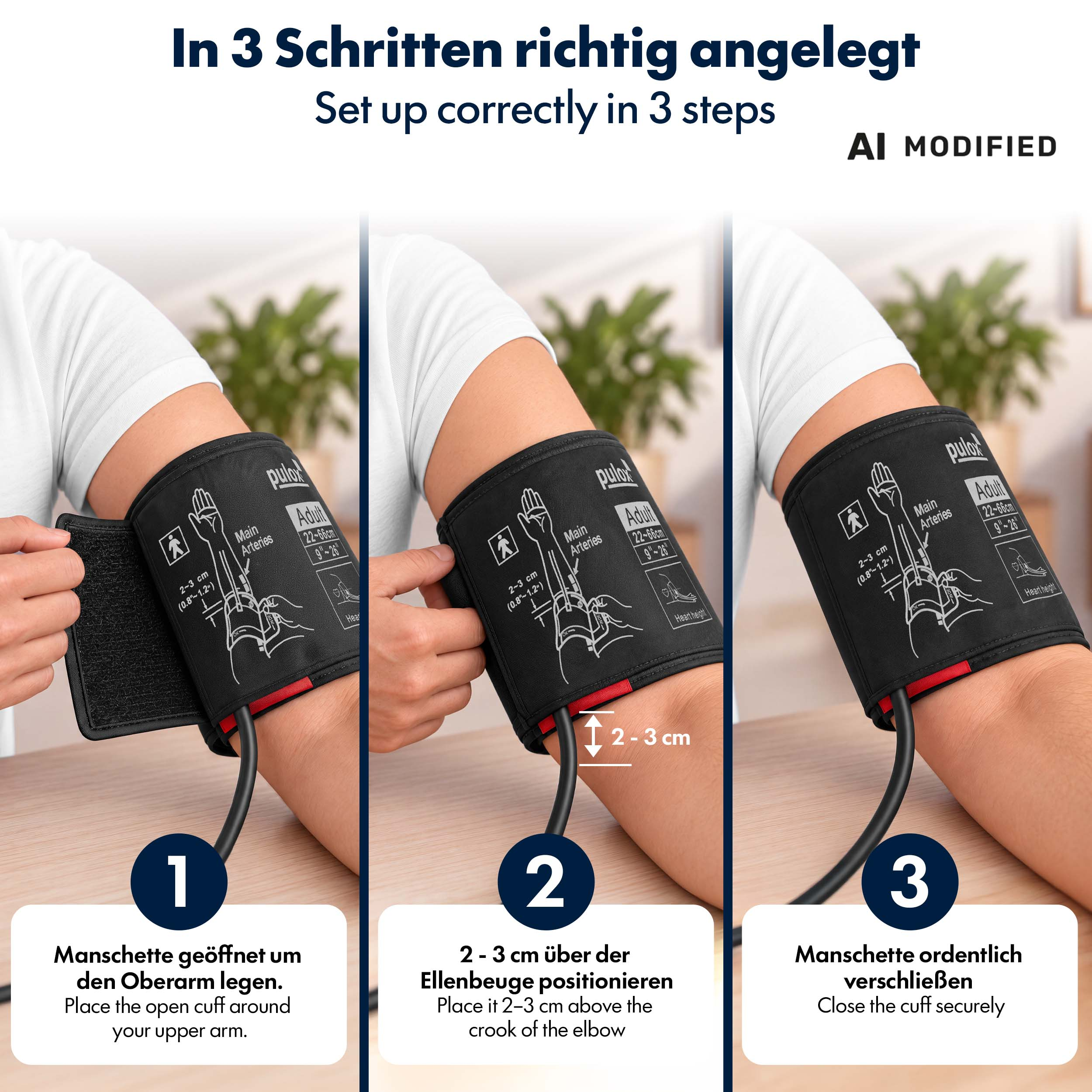 Anleitung in 3 Schritten zum richtigen Anlegen einer Blutdruckmanschette am Oberarm.