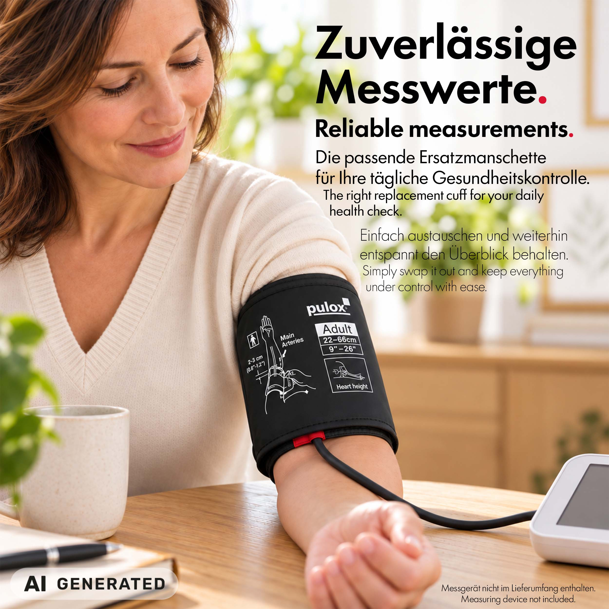 Frau misst ihren Blutdruck mit einer schwarzen Pulox-Manschette am Arm, im Hintergrund Text und Kaffeetasse.