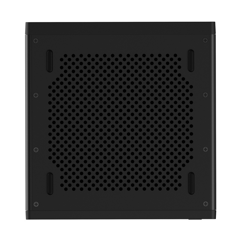 Un involucro in metallo nero con fori di ventilazione circolari e quattro piedini sul fondo.