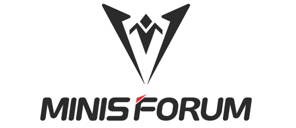 Il logo Minisforum in nero con un simbolo appuntito in alto e un accento rosso sulla 'F'.