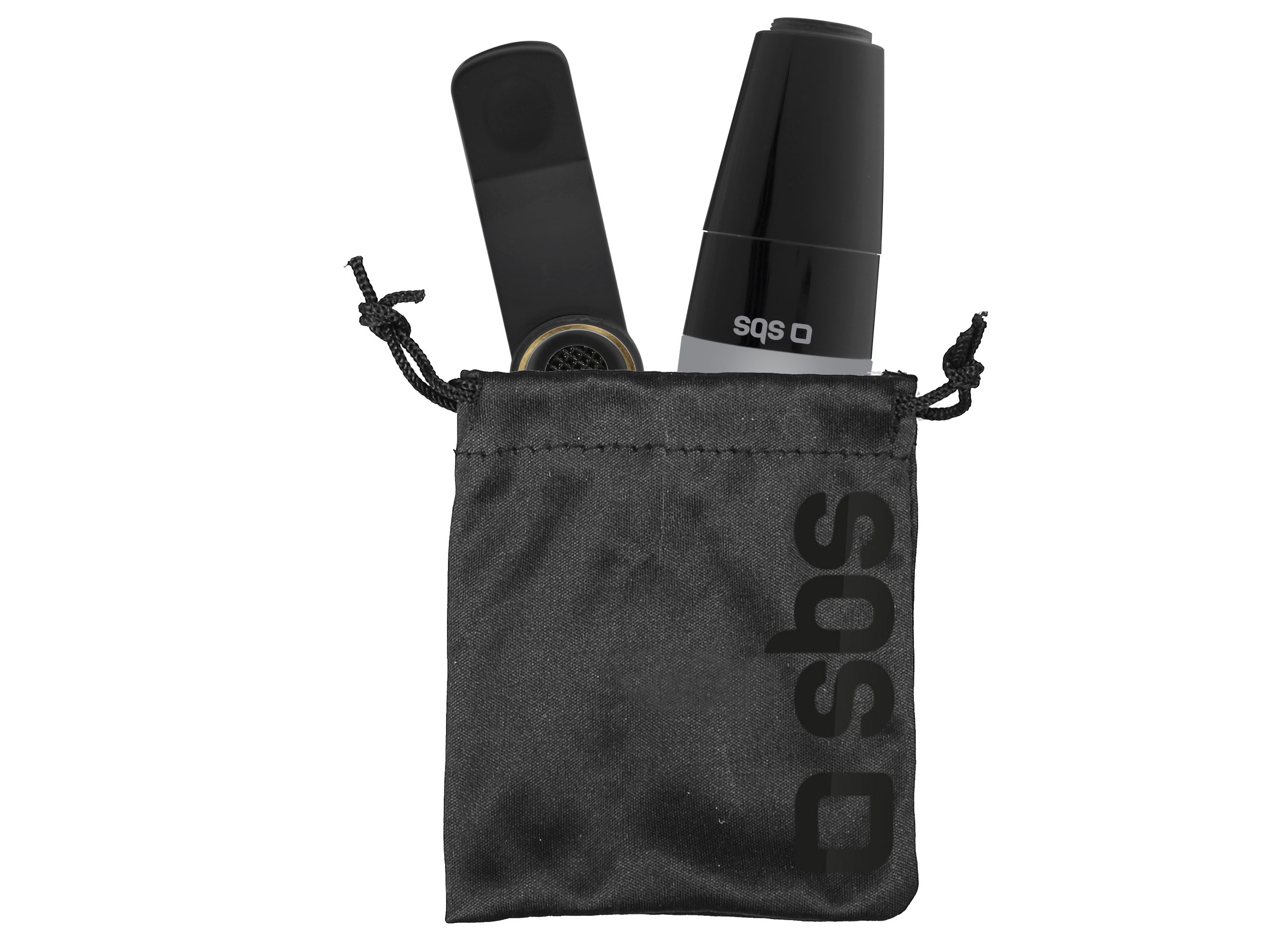 Una bolsa negra con cordón y el logotipo de SBS contiene dos dispositivos electrónicos.