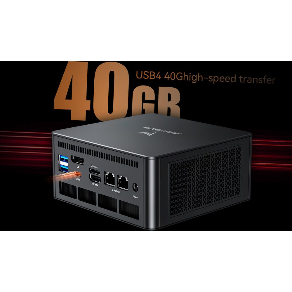Mini PC nero con varie porte frontali, grande testo sullo sfondo.