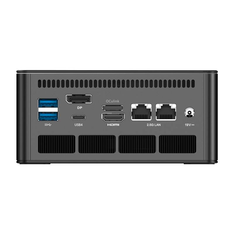 Pannello posteriore di un mini PC con porte USB, DP, HDMI, doppia LAN e ingresso di alimentazione.