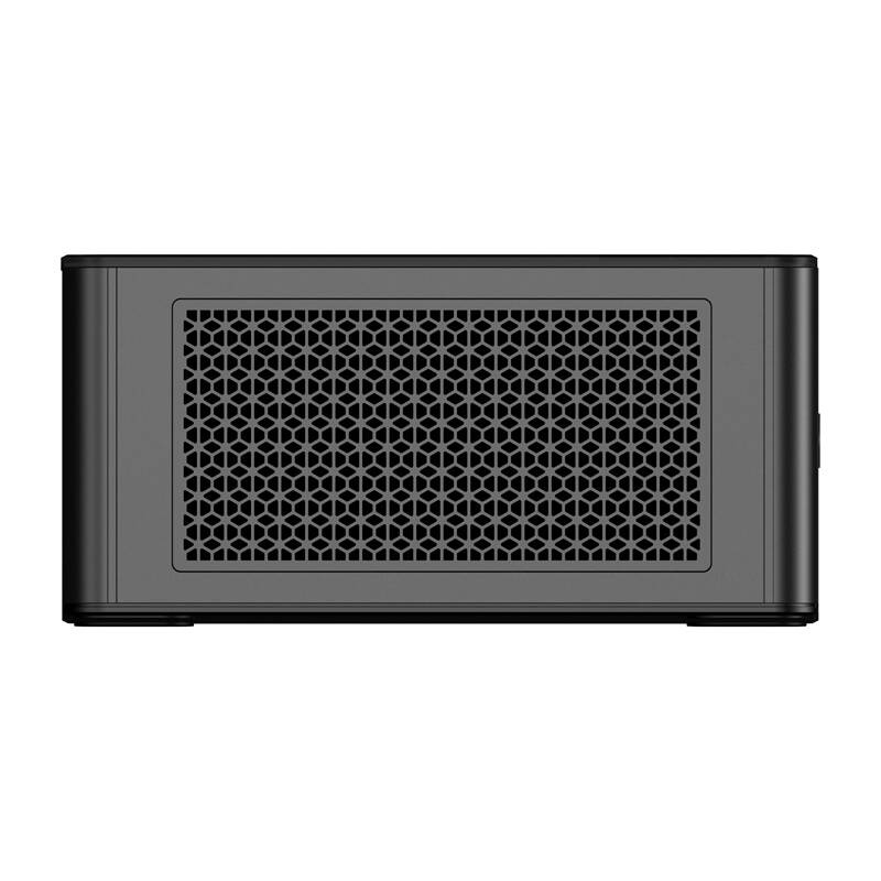 Un case per computer nero con una griglia di ventilazione centrale a nido d'ape su sfondo bianco.