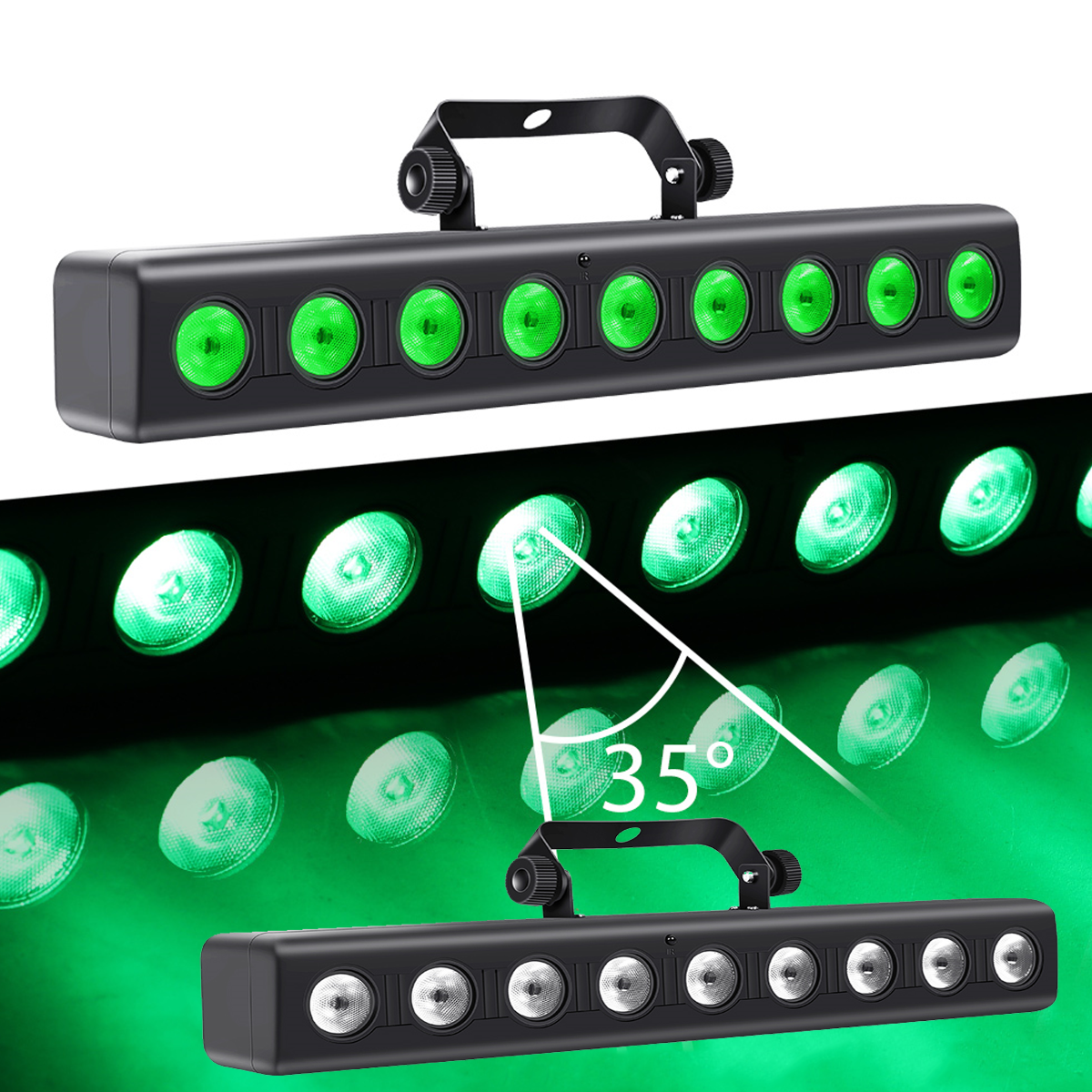Schwarze LED-Lichtleiste mit acht grünen Strahlern und einem 35-Grad-Abstrahlwinkel.