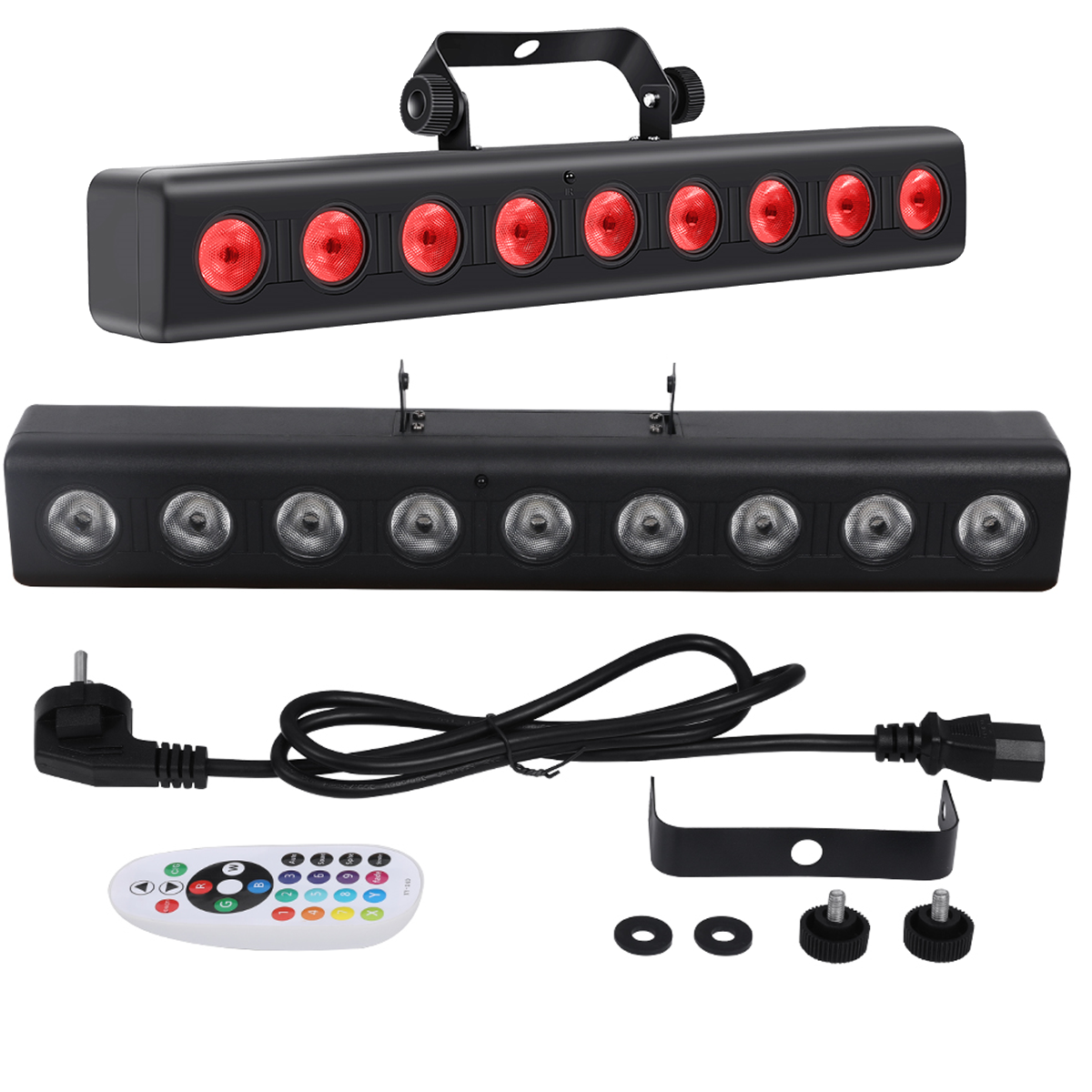 Eine schwarze LED-Bühnenleiste mit Zubehör wie Netzkabel, Fernbedienung und Halterungen auf weißem Grund.