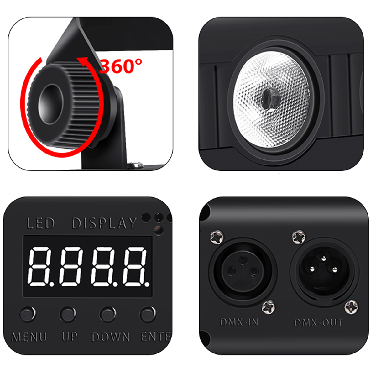 Vier Detailansichten eines schwarzen LED-Strahlers mit 360°-Knopf, Linse, LED-Display und DMX-Anschlüssen.