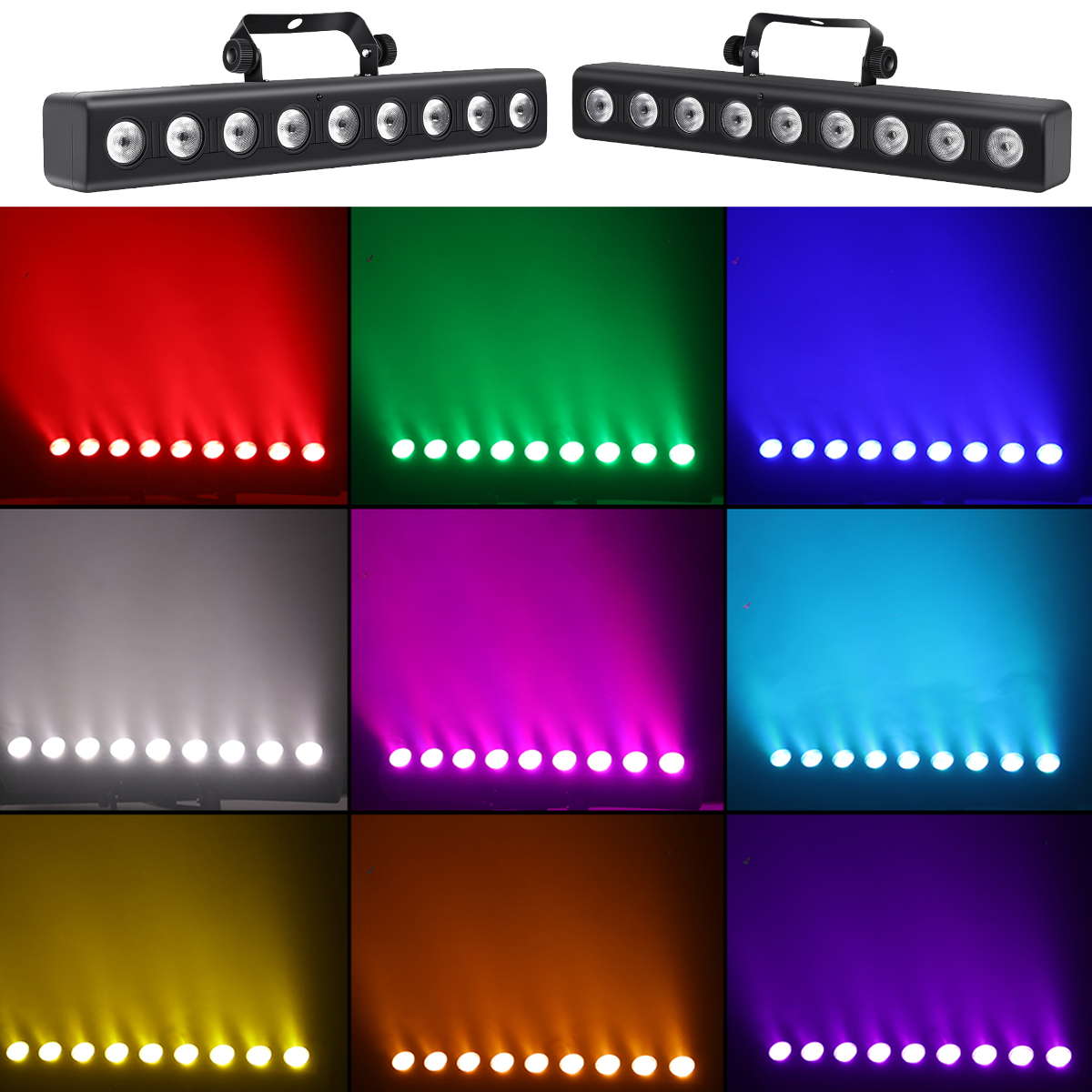 Eine schwarze LED-Lichtleiste oben und neun Quadrate darunter mit bunten Lichtern in Rot, Grün, Blau und mehr.