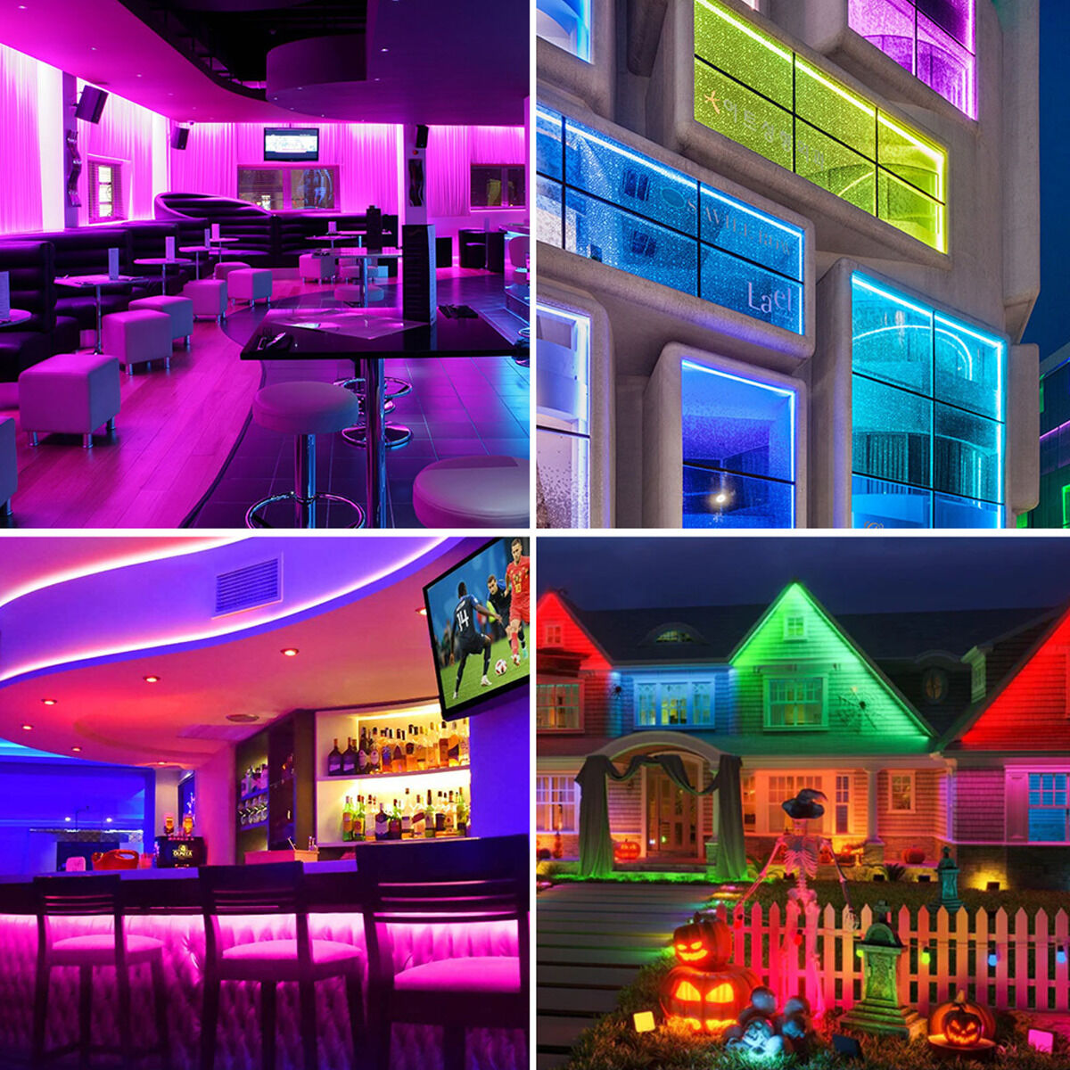 Vier Bilder zeigen verschiedene Orte mit stimmungsvoller LED-Beleuchtung in lebendigen Farben wie Pink, Blau und Grün.
