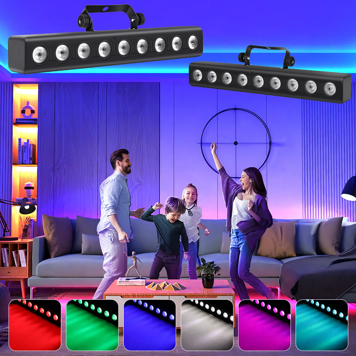 Eine Familie feiert in einem blau beleuchteten Raum mit zwei LED-Lichtleisten oben und bunten Lichteffekten.