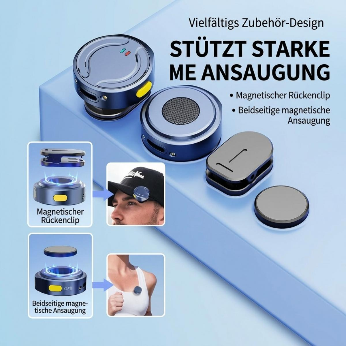 Produktwerbung für magnetisches Zubehör mit Clips und Halterungen, gezeigt auf blauem Hintergrund mit Insets.