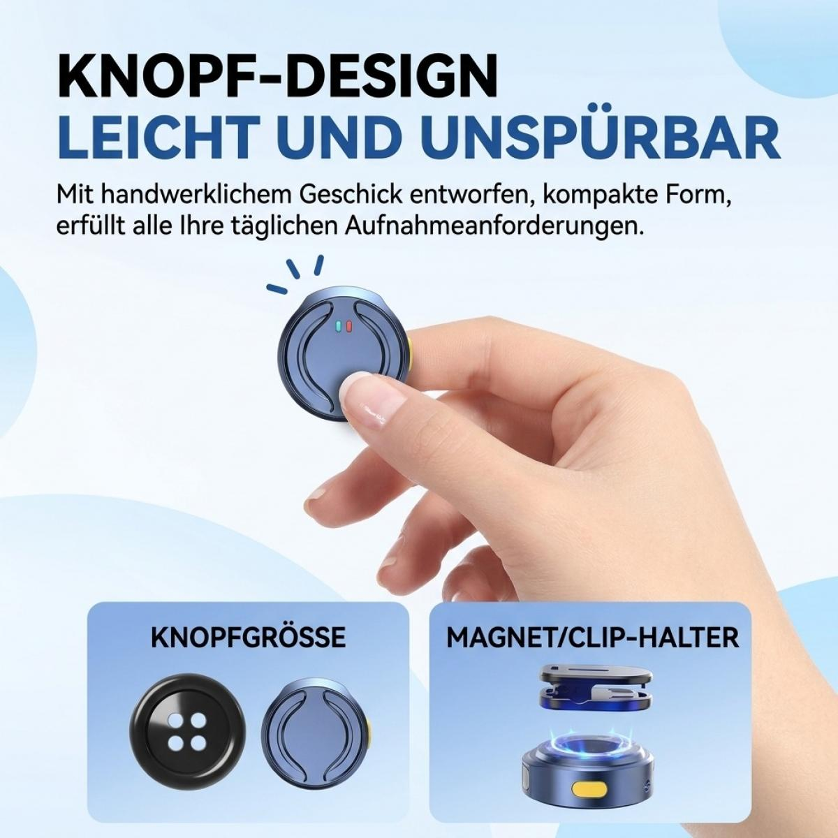 Eine Hand hält einen kleinen runden blauen Knopf. Unten sind zwei Insets mit der Größe und dem Halter.