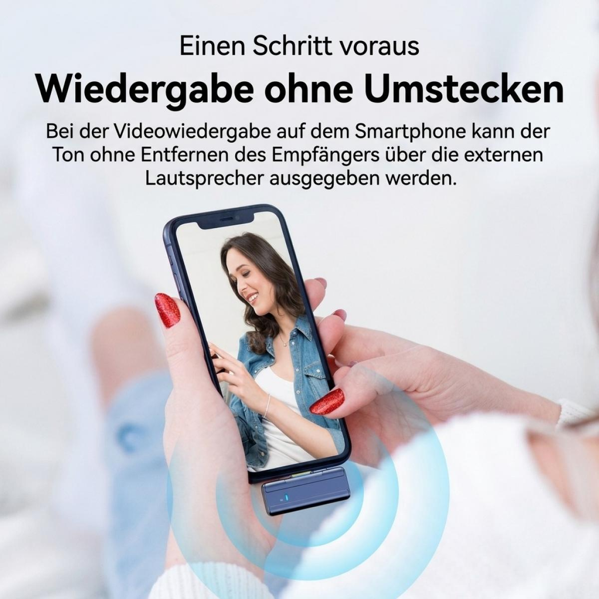 Person hält ein Smartphone mit angeschlossenem Empfänger, während ein Video mit einer Frau läuft.