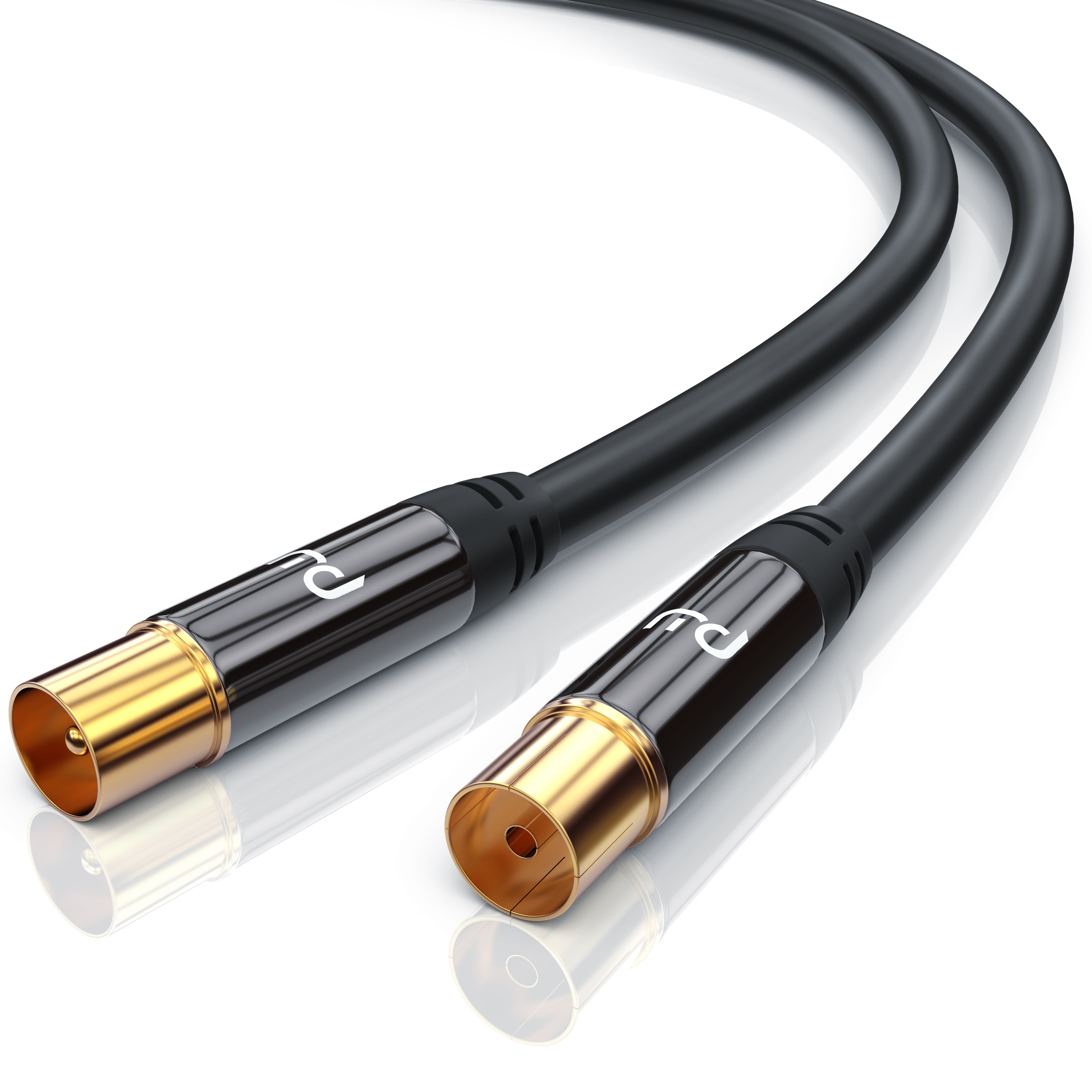 Zwei schwarze Audiokabel mit vergoldeten Anschlüssen auf weißem Hintergrund.