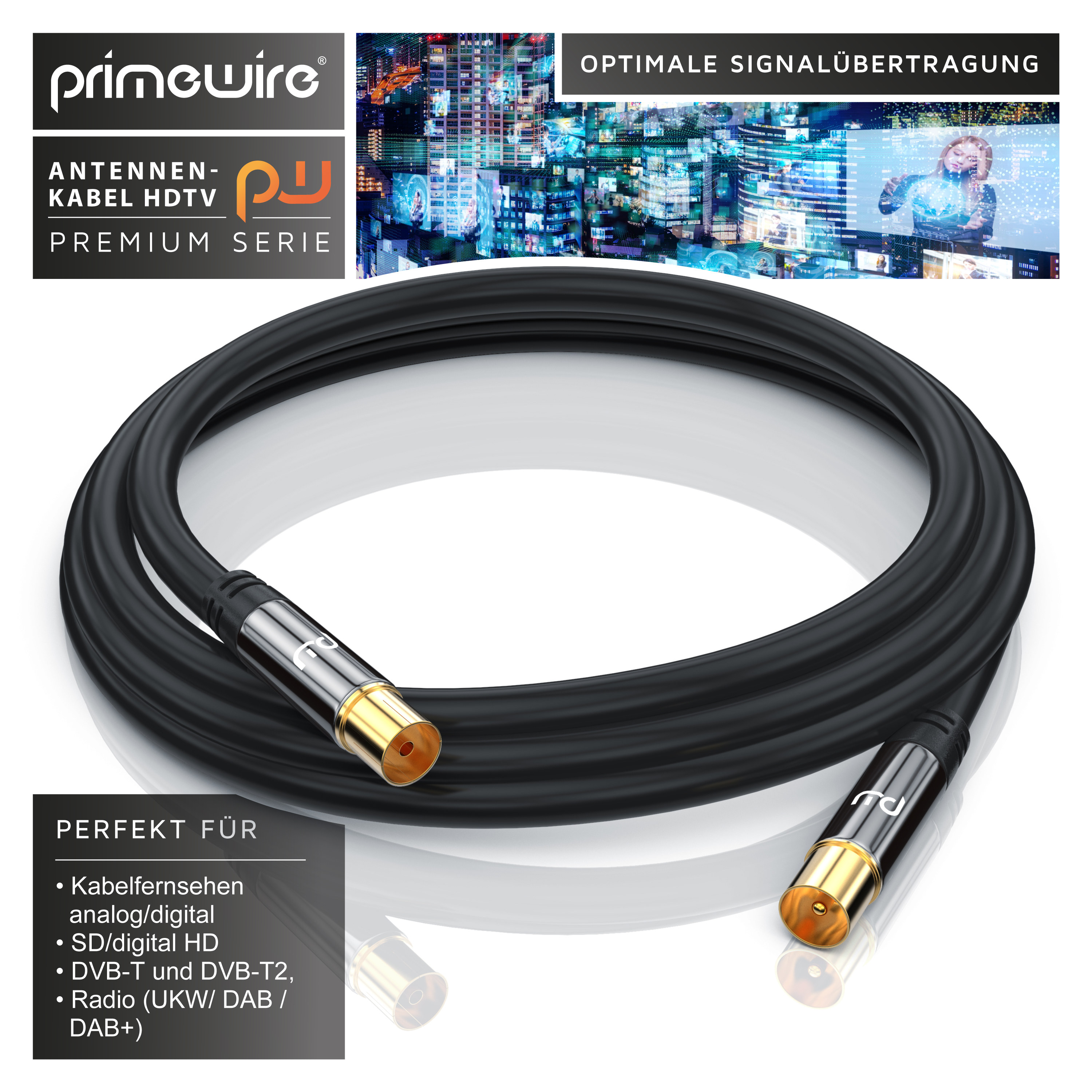 Schwarzes Primewire Antennenkabel mit vergoldeten Anschlüssen auf weißem Hintergrund.