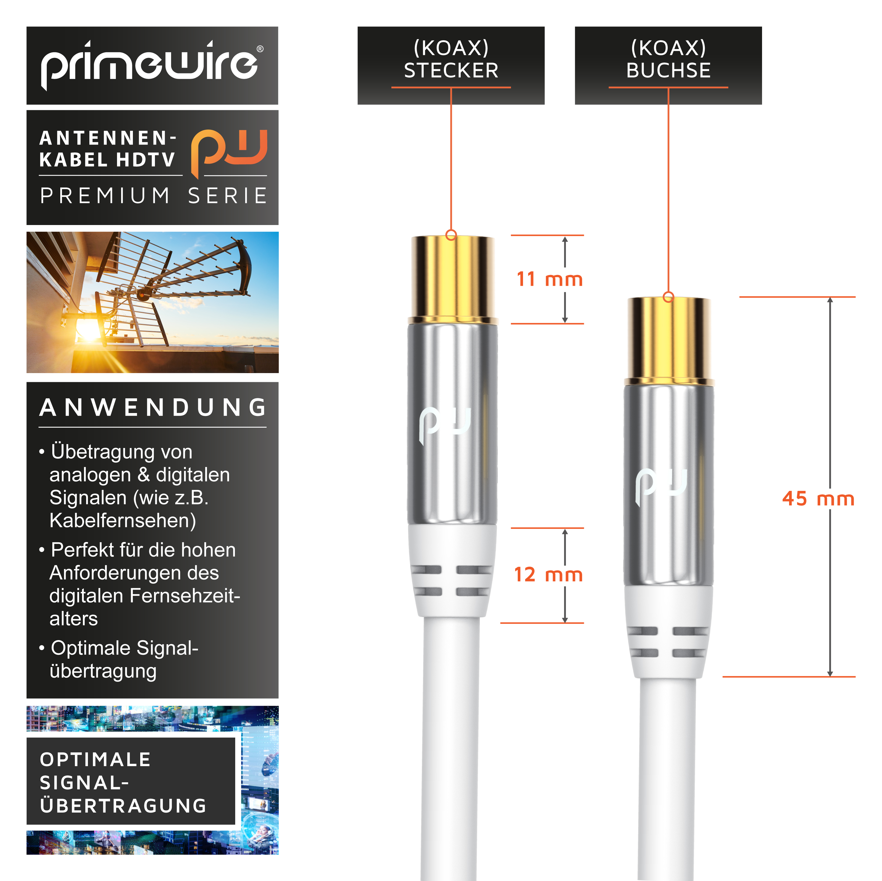 Technisches Diagramm zeigt Primewire Antennenkabel Maße mit Koaxial-Stecker und -Buchse.