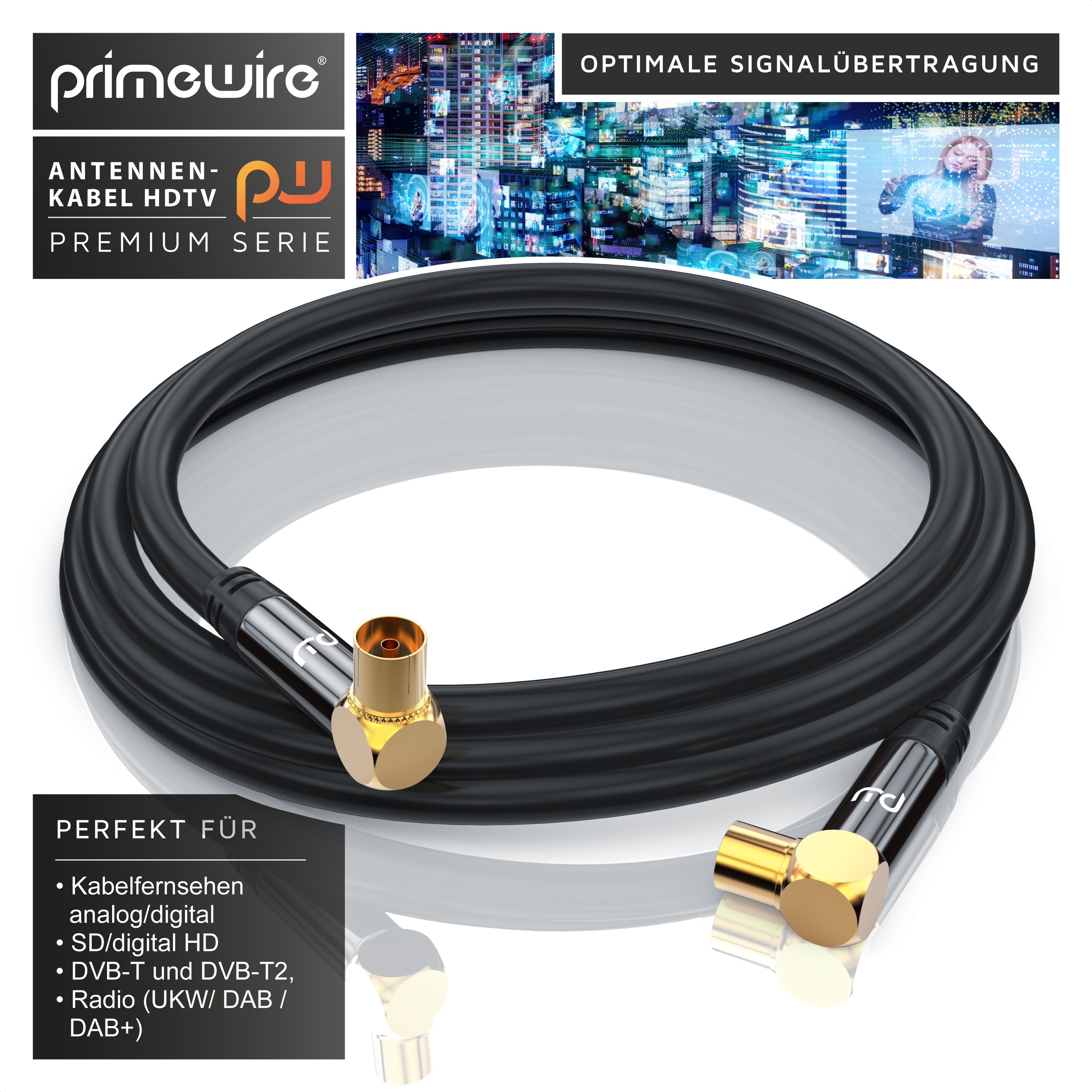 Ein schwarzes Primewire Antennenkabel mit goldenen Steckern vor einem Stadt-Hintergrund.
