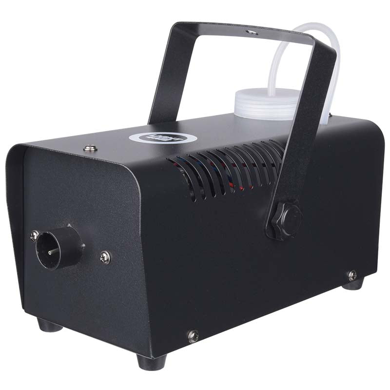 Eine schwarze Nebelmaschine mit Metallbügel, Lüftungsschlitzen und weißem Flüssigkeitsbehälter oben.