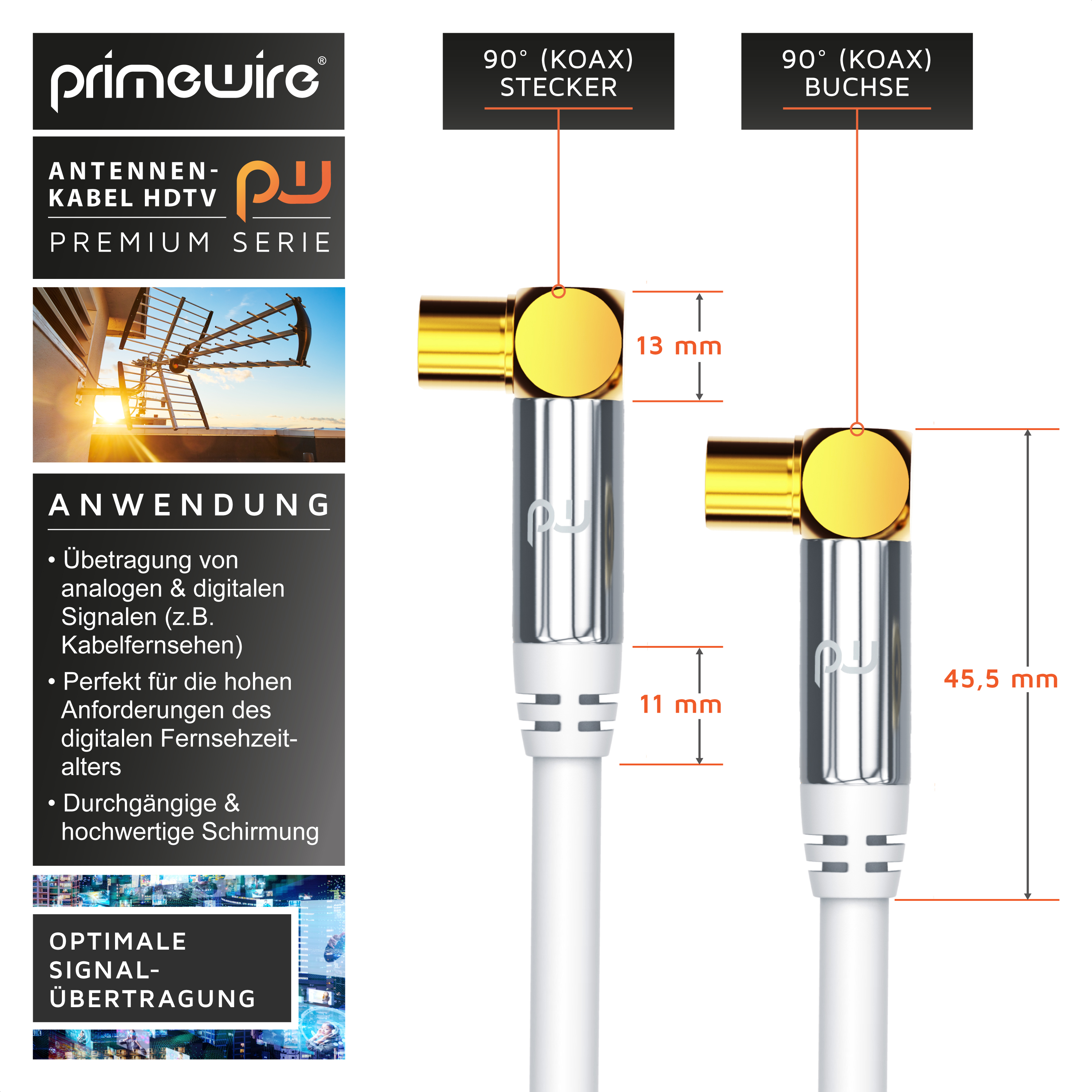 Technische Zeichnung von Primewire Antennenkabel-Steckern mit Maßangaben und Produktmerkmalen.