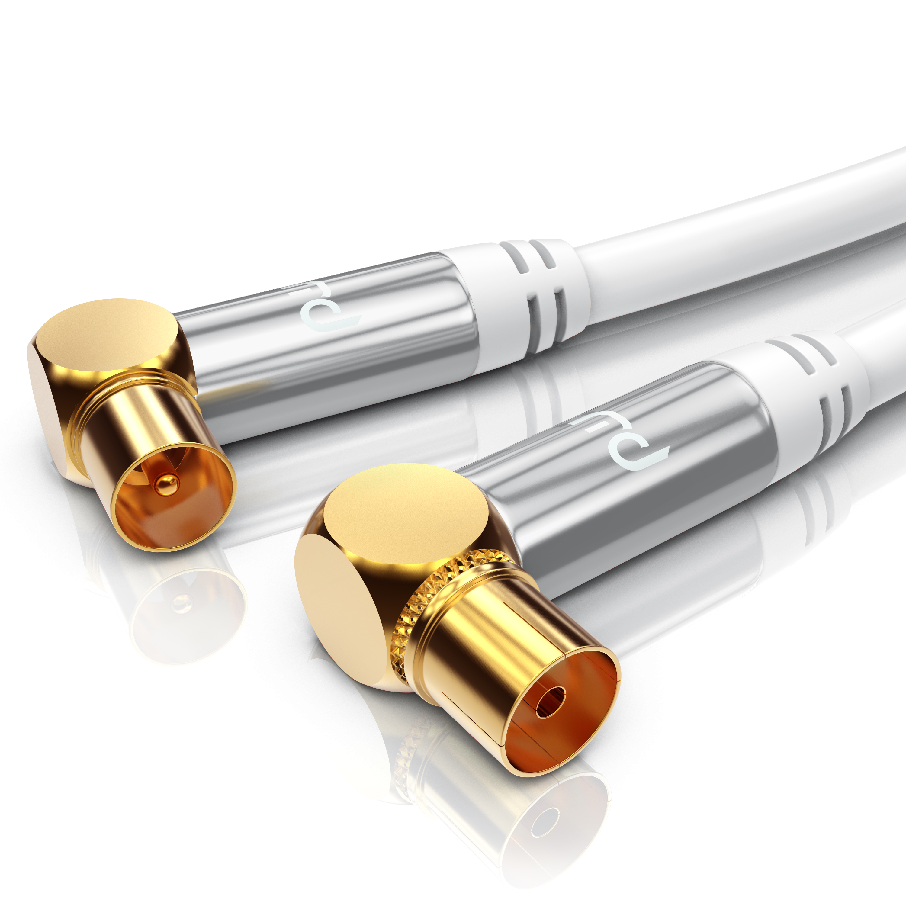 Zwei weiße Koaxialkabel mit goldenen und silbernen rechtwinkligen Steckern vor weißem Hintergrund.
