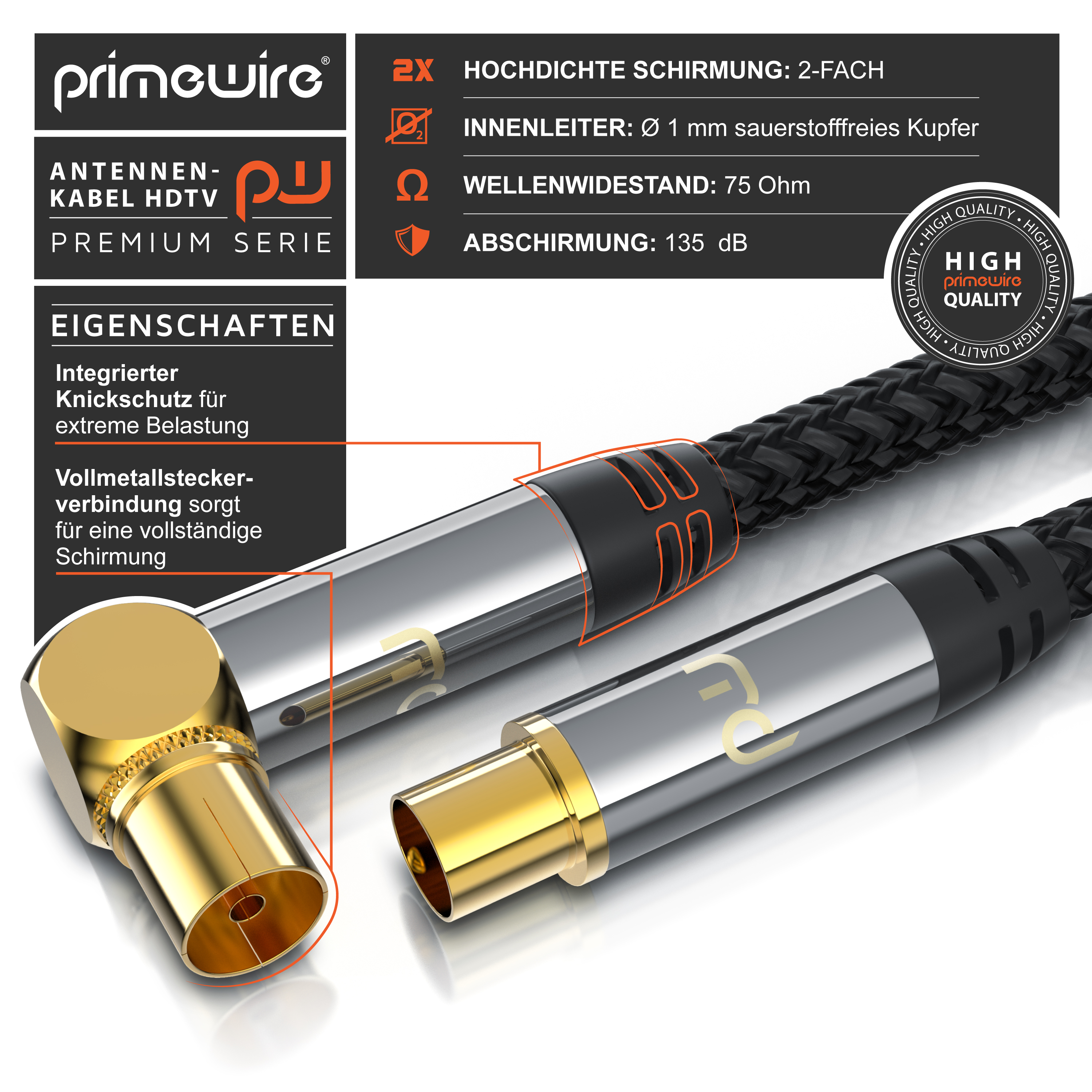 Primewire HDTV-Antennenkabel mit vergoldeten Anschlüssen, schwarzer Ummantelung und technischen Eigenschaften.