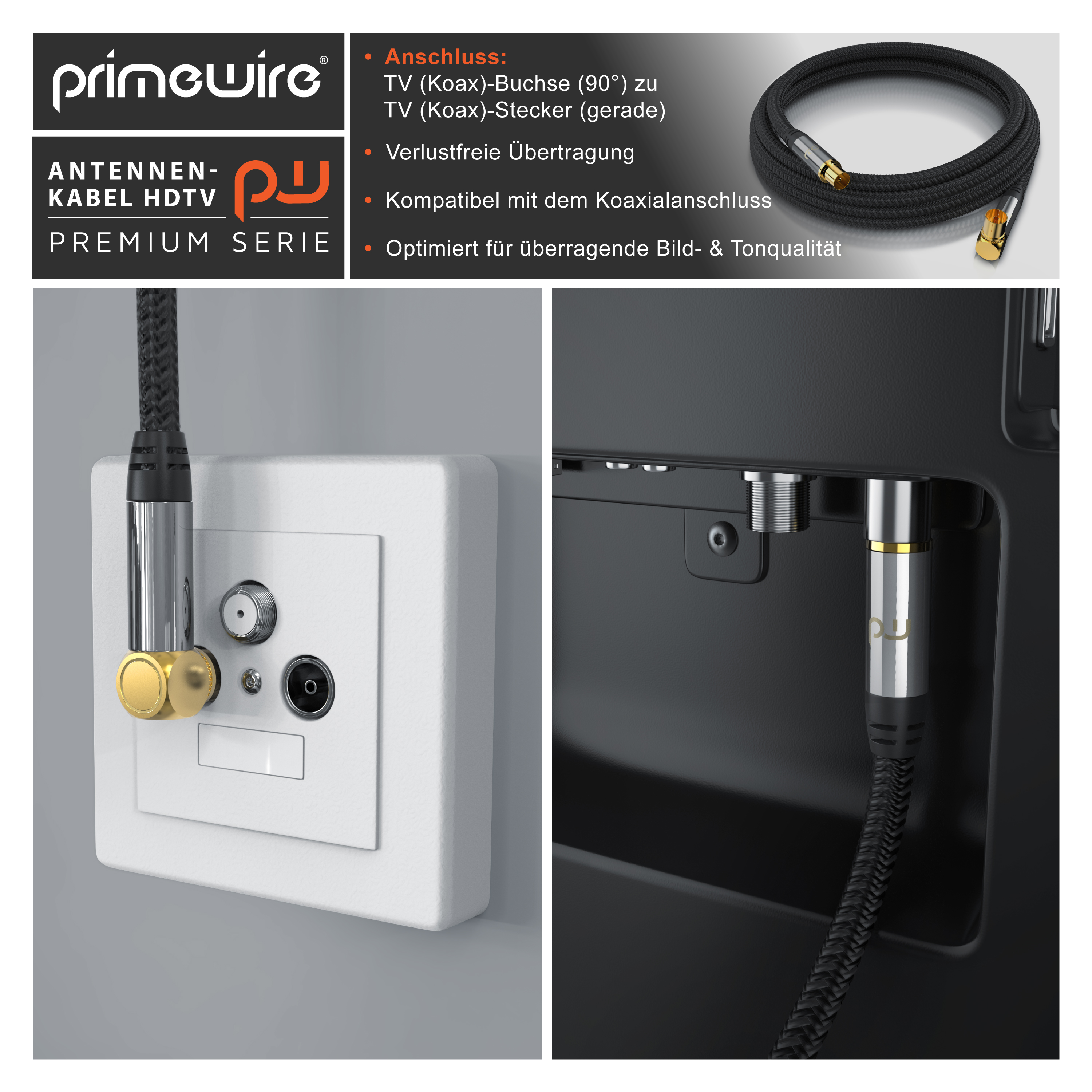 Primewire Antennenkabel mit vergoldeten Anschlüssen, Steckerdetails und Produktfeatures.