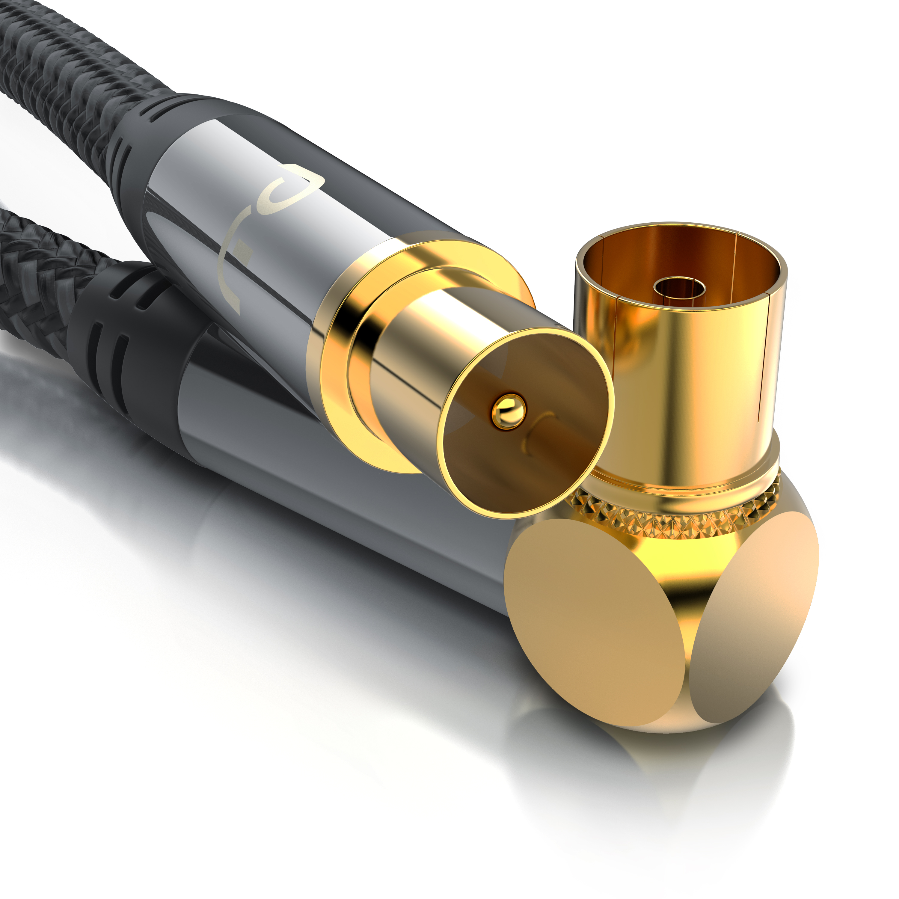 Zwei schwarz geflochtene Antennenkabel mit glänzenden Silber- und Goldsteckern auf weißer Oberfläche.