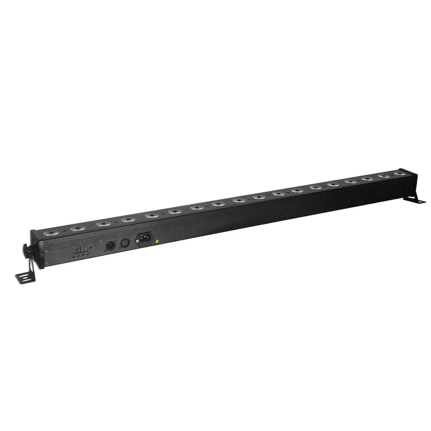 Eine schwarze LED-Lichtleiste mit mehreren integrierten Strahlern und Anschlüssen auf weißem Hintergrund.