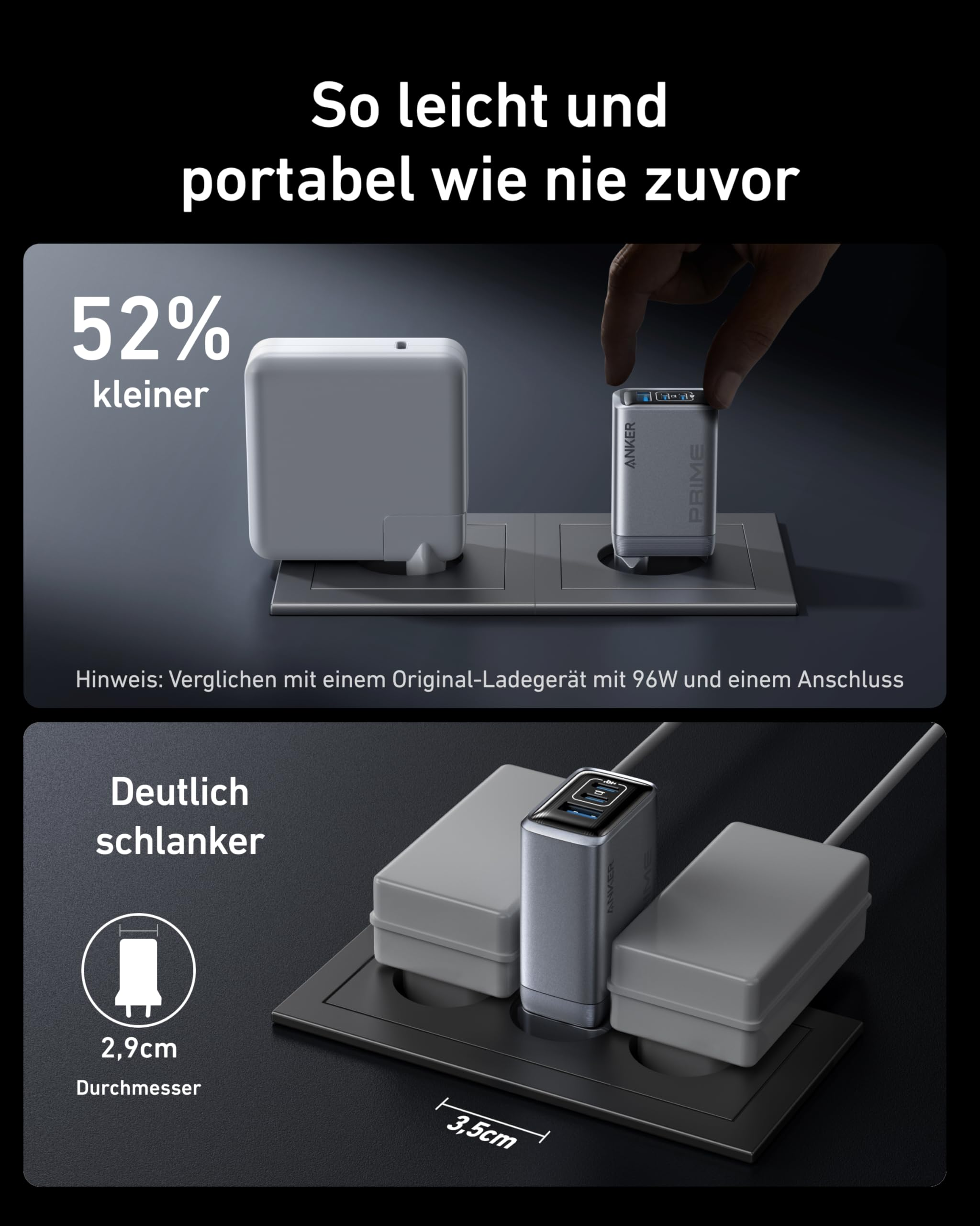 Vergleich eines Anker-Ladegeräts mit einem Original-Ladegerät zeigt kompakte Größe.