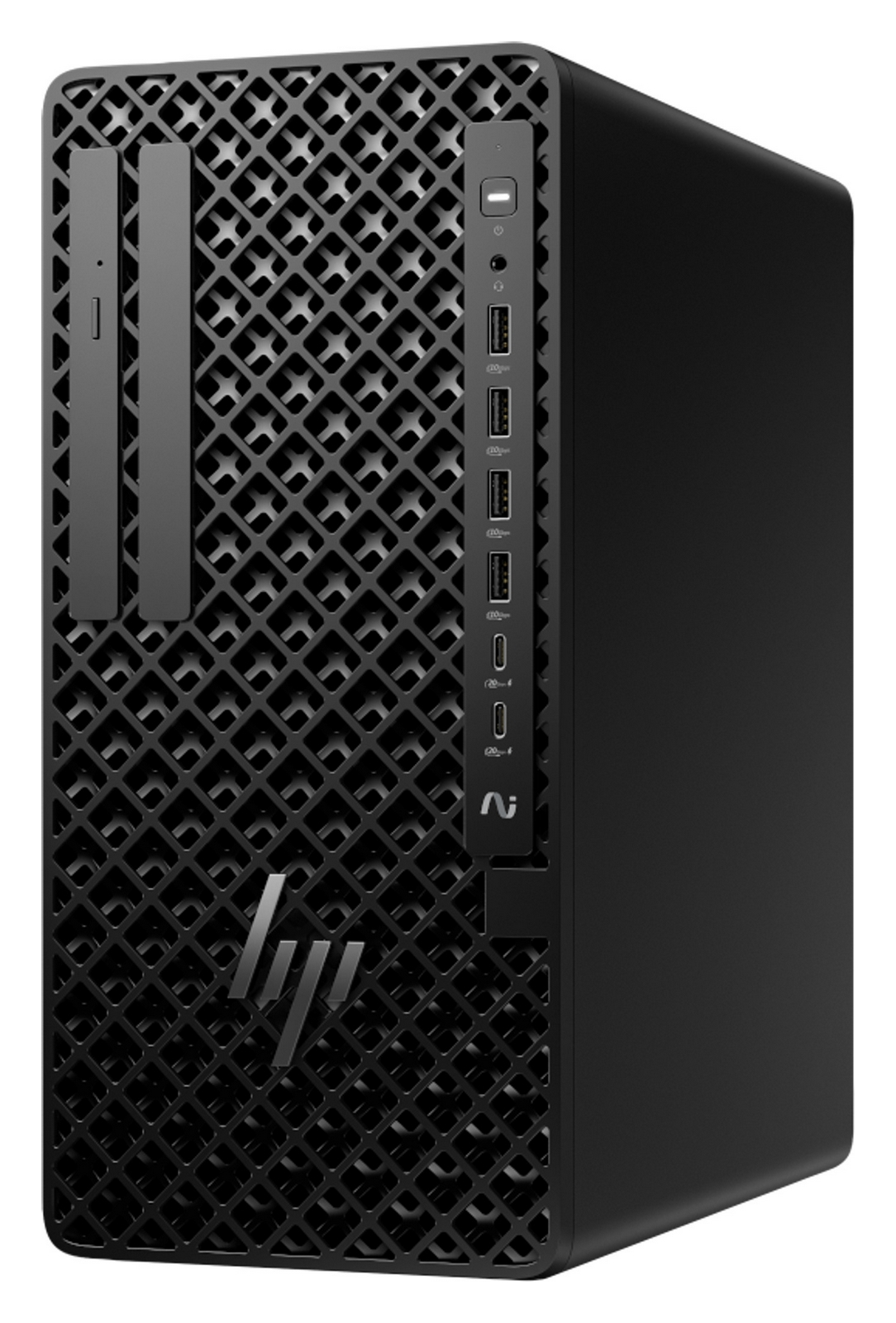 PC desktop HP nero con parte anteriore a rete, porte USB e logo HP su sfondo bianco.