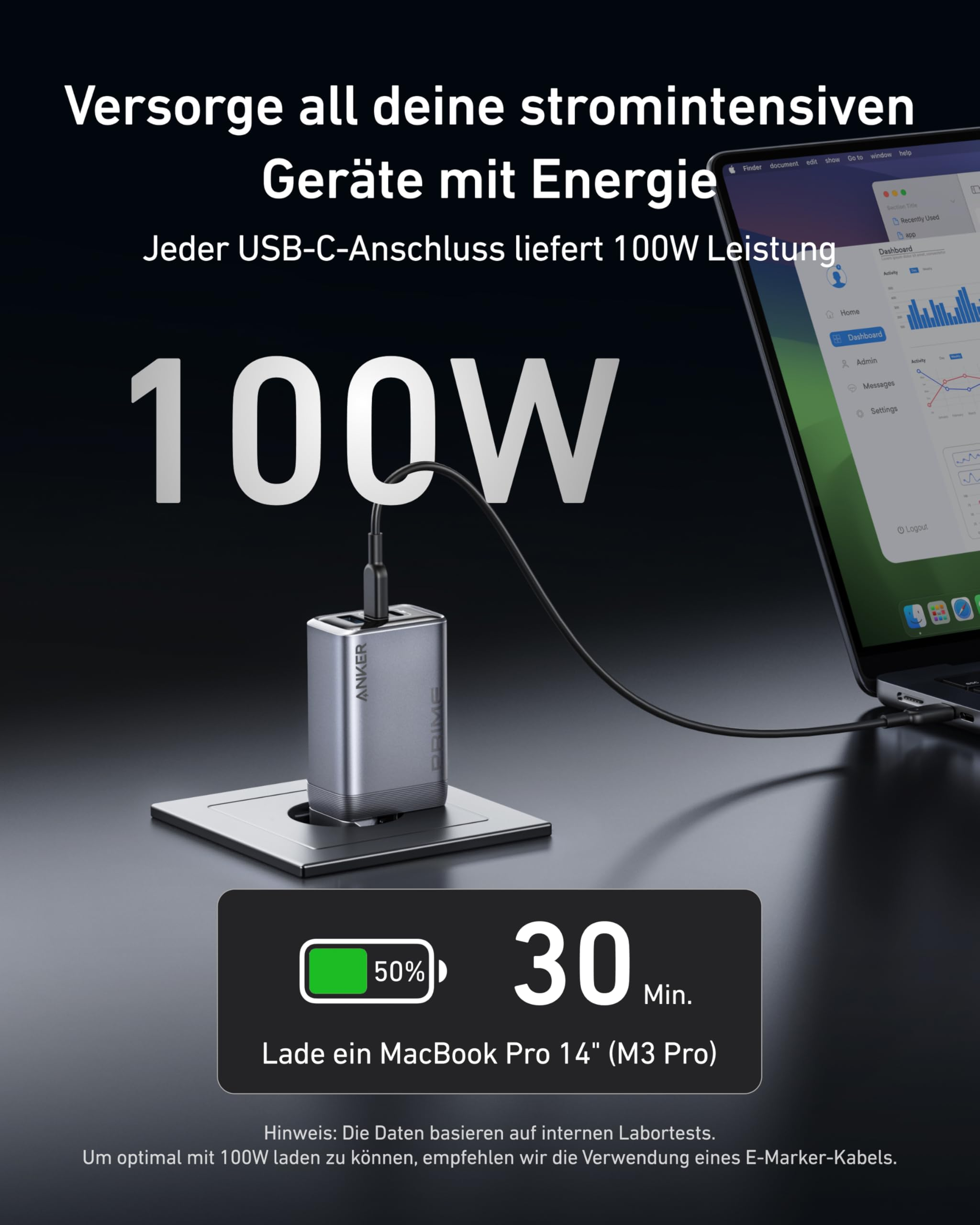 Ein silberner Anker Prime 100W Lader in einer Tischhalterung, angeschlossen an ein MacBook Pro mit Text.