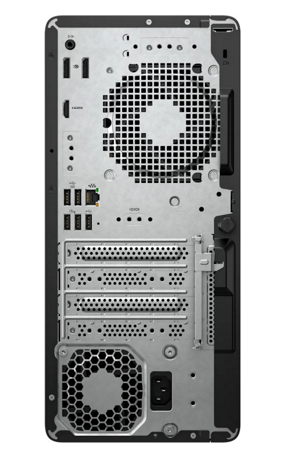 Vista posteriore di un PC desktop nero e argento con varie porte, griglie di ventilazione e alimentatore.