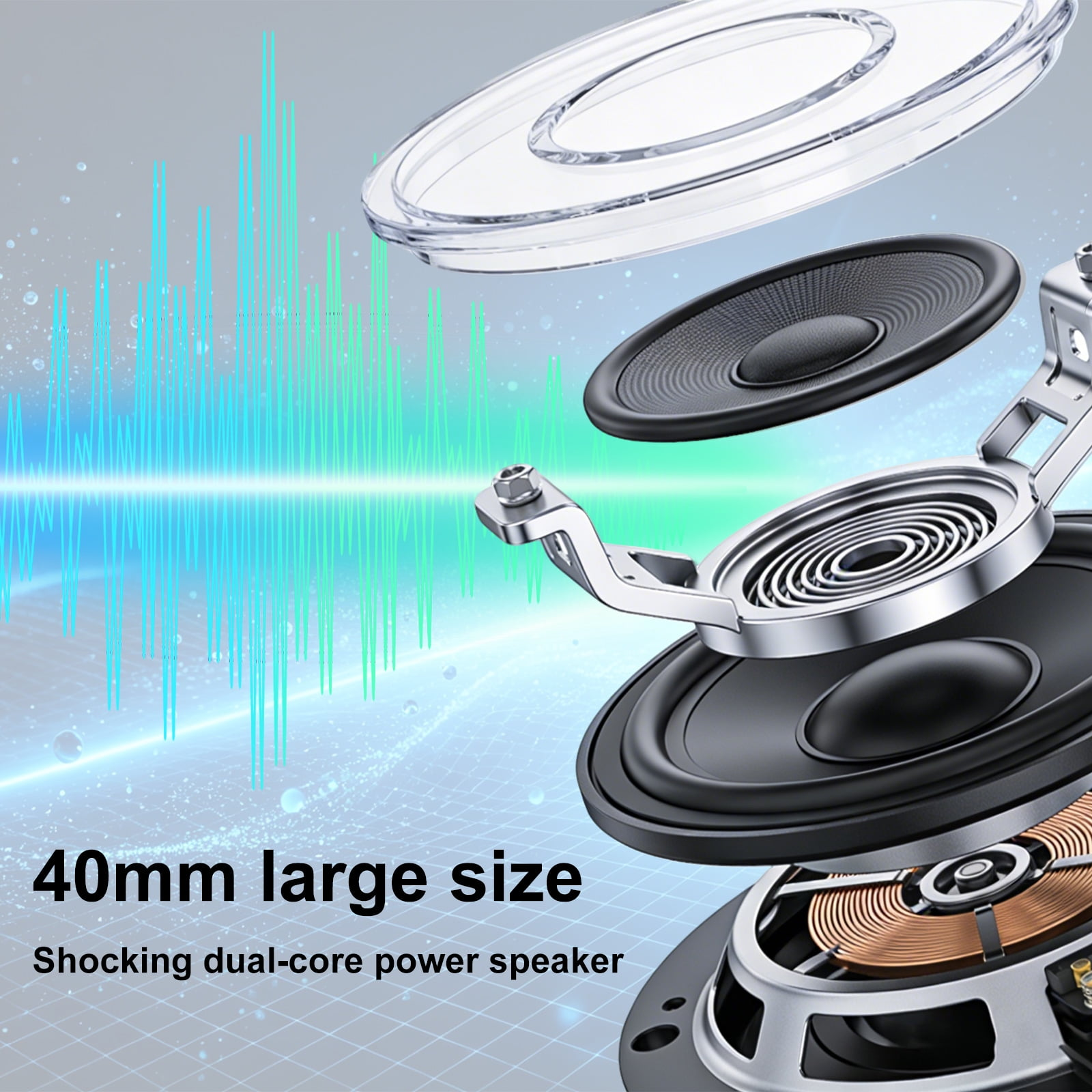 Explosionsdarstellung eines 40-mm-Lautsprechers mit Spulen und Membranen vor blauem Hintergrund mit Audio-Wellen.