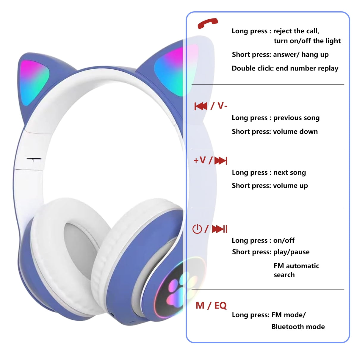 Blaue Katzenohren-Kopfhörer mit Beleuchtung und Erklärungen der Tastenfunktionen rechts daneben.