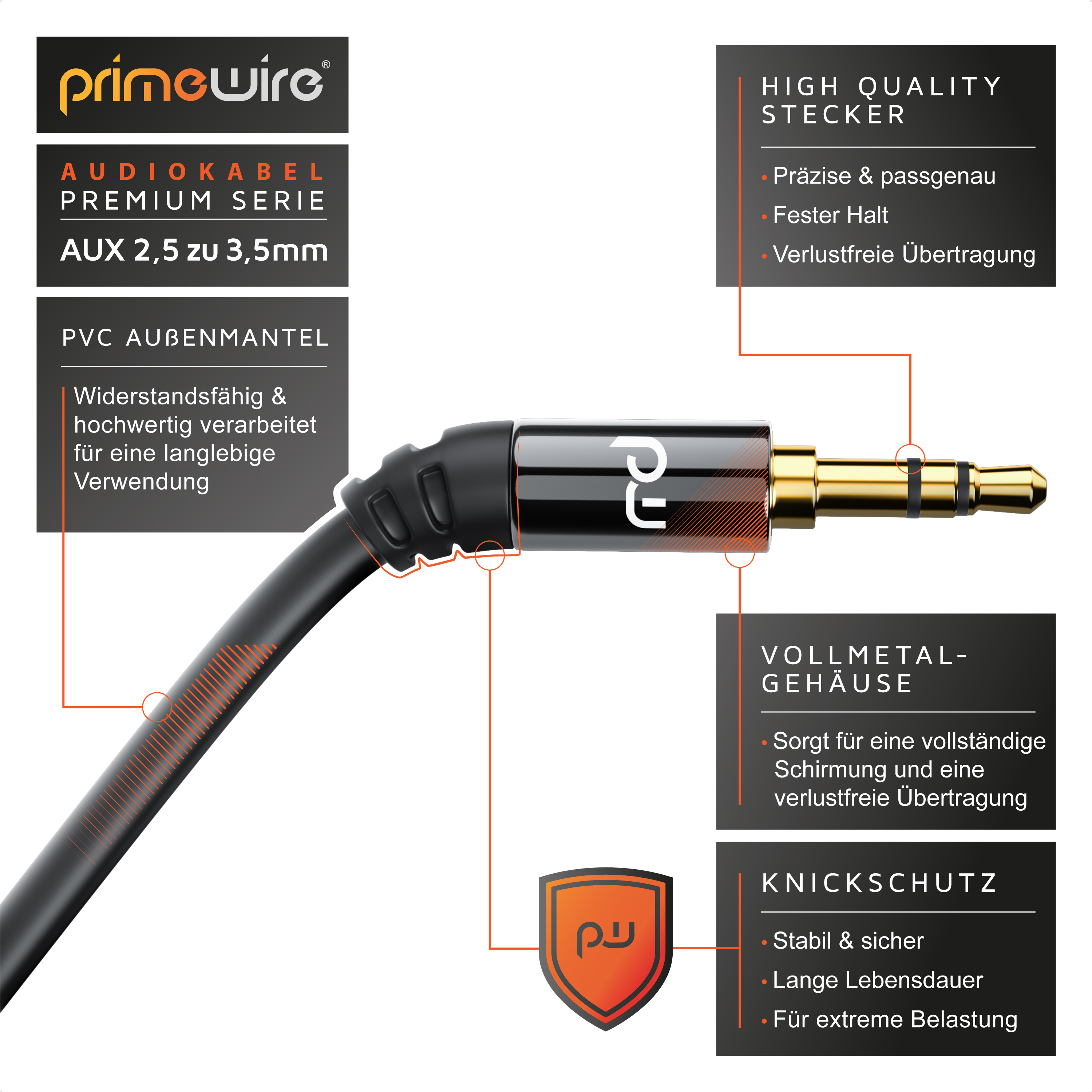Primewire Premium AUX-Audiokabel mit Stecker, Metallgehäuse, Knickschutz und PVC-Mantel für verlustfreie Übertragung.