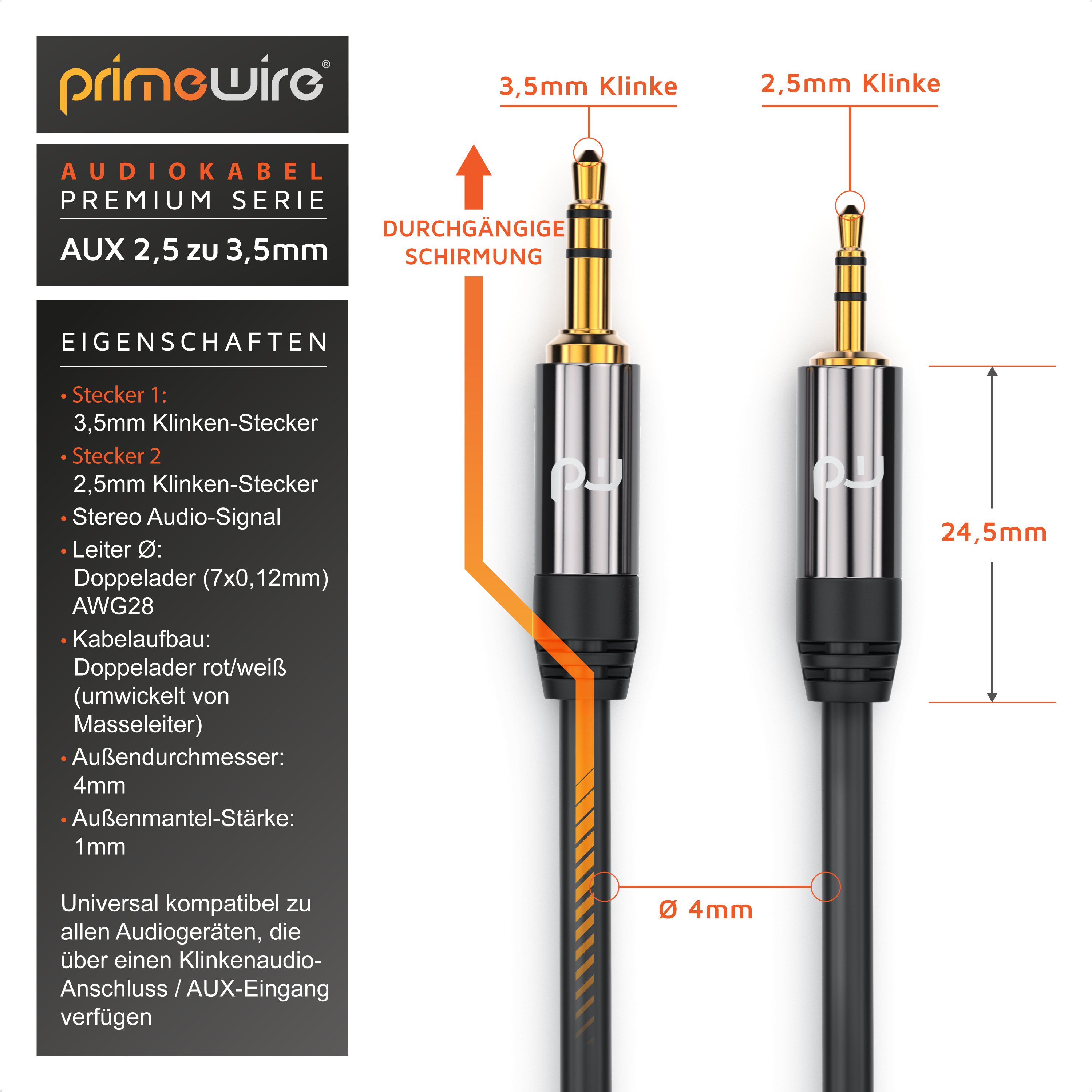 Primewire 3,5mm auf 2,5mm Audiokabel Details mit Maßen.