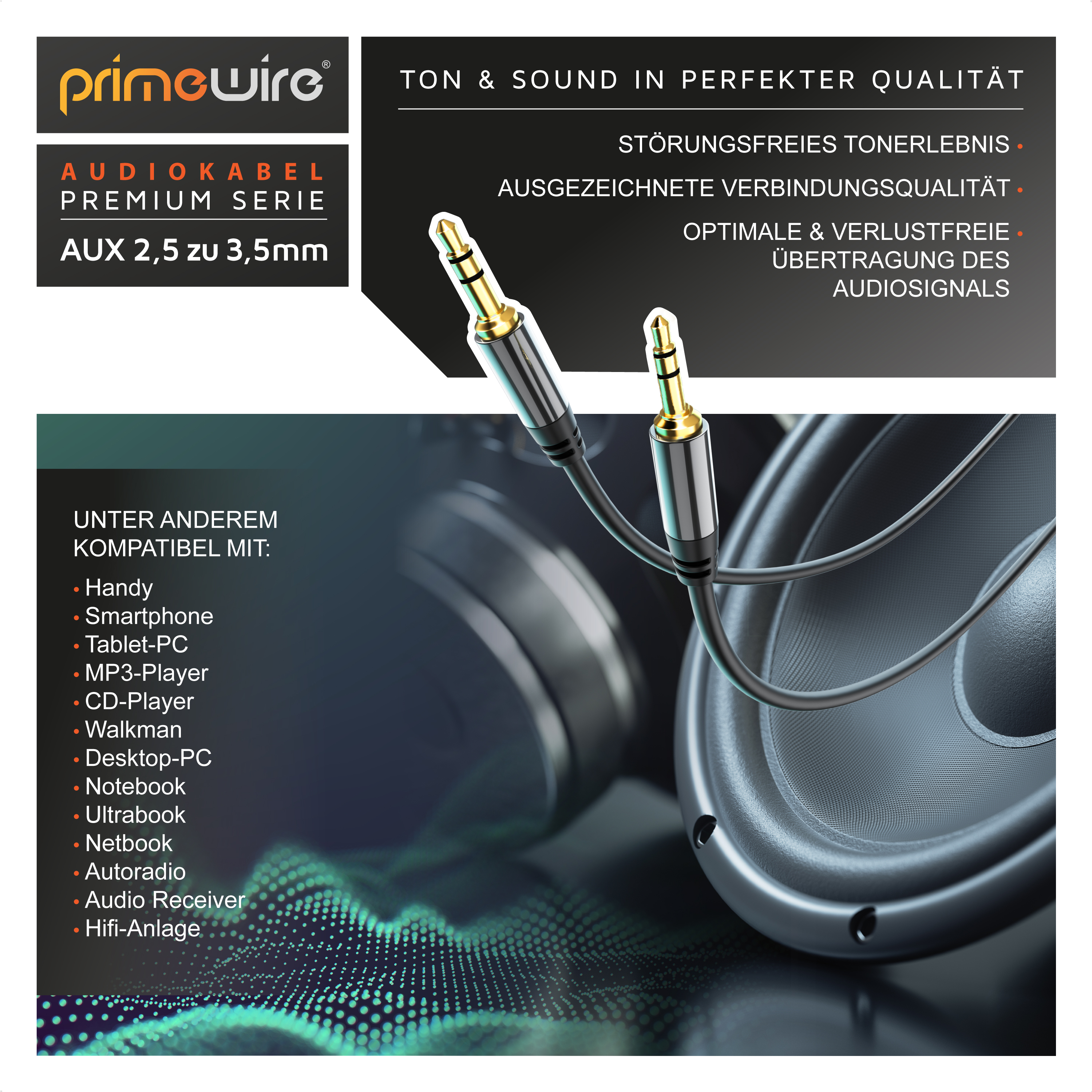 Primewire 2,5 mm auf 3,5 mm AUX-Audiokabel mit vergoldeten Steckern vor Lautsprecher- und Schallwellenhintergrund.