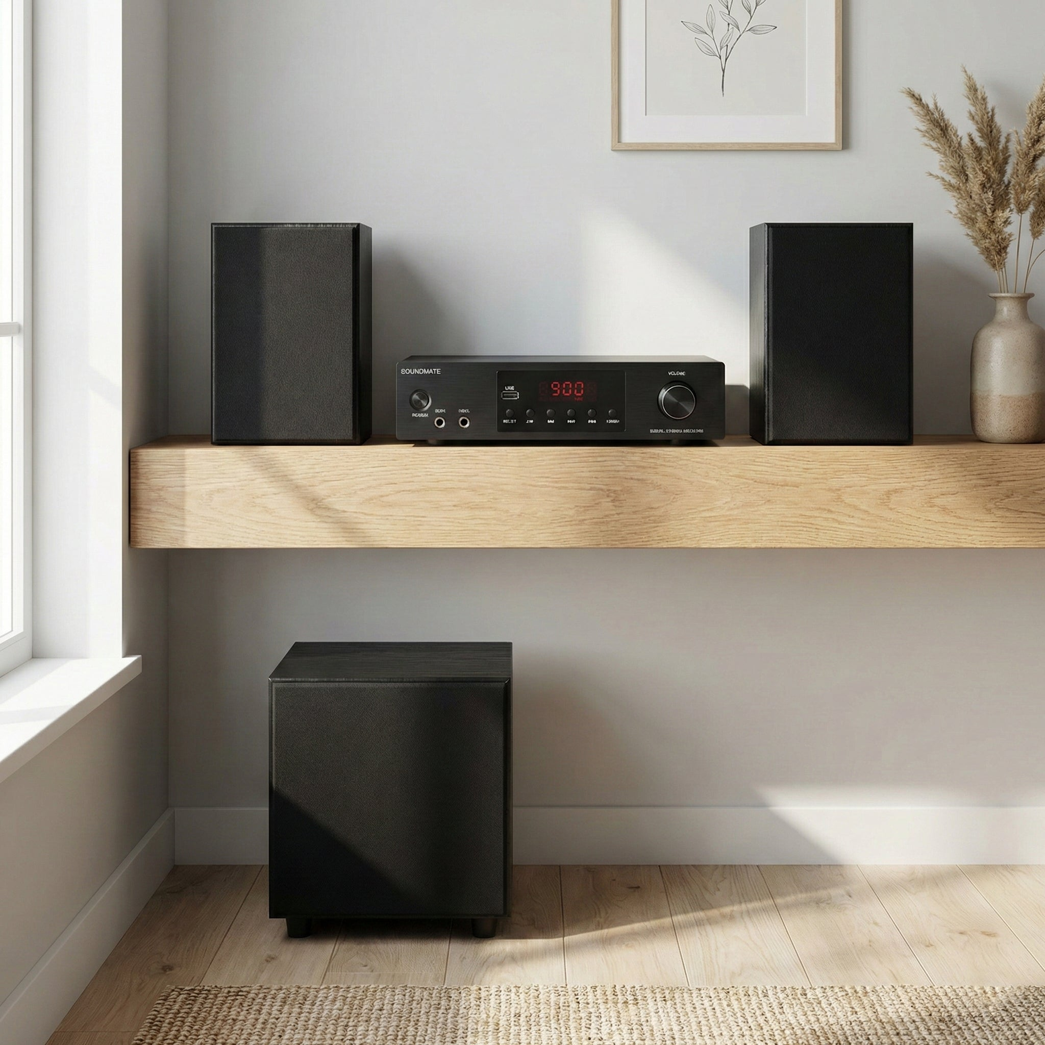 Ein schwarzes Audiosystem mit Receiver und Lautsprechern auf einem Holzbord vor einer hellen Wand.