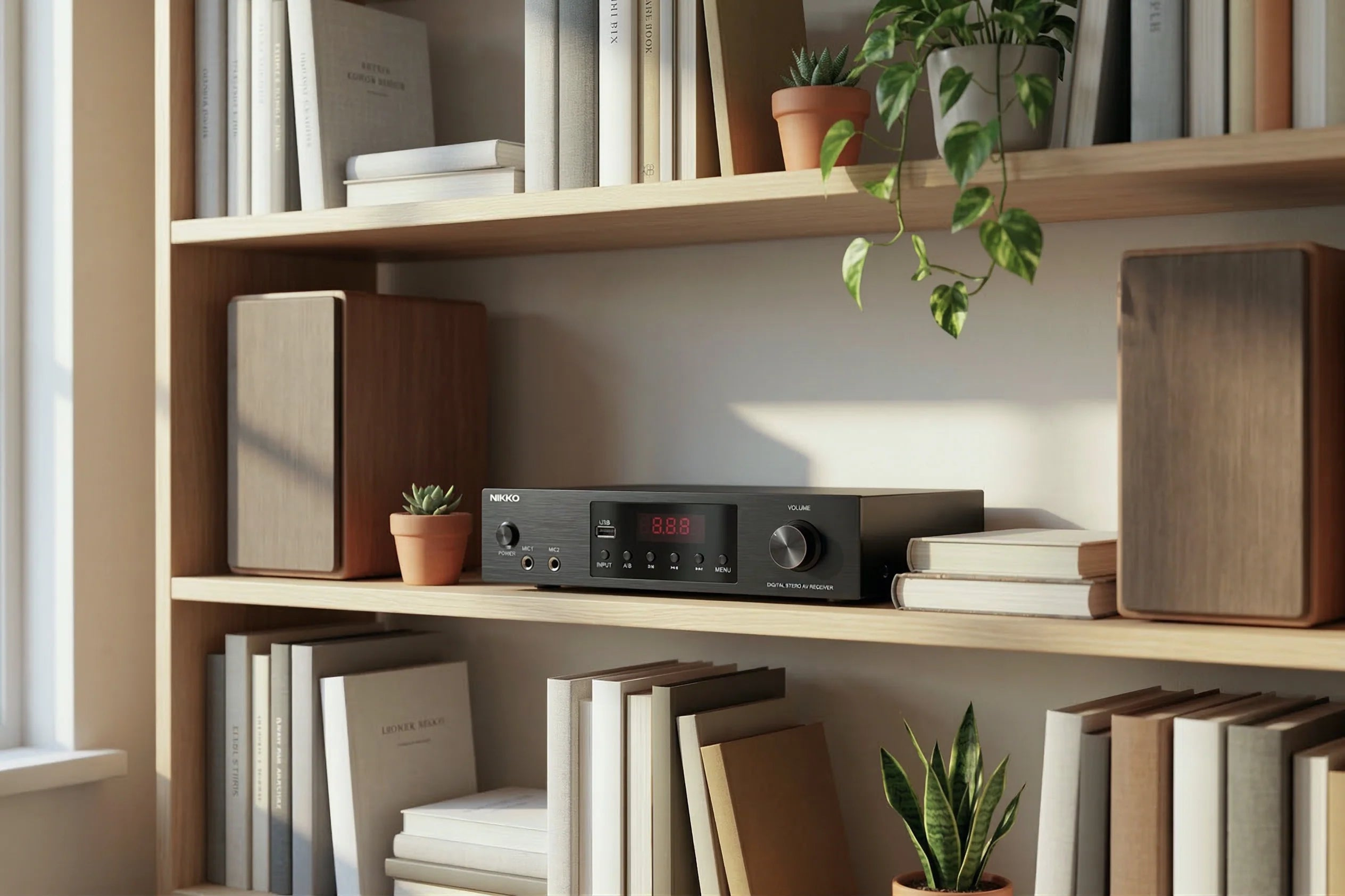Ein hölzernes Regal mit Büchern, Zimmerpflanzen, zwei Lautsprechern und einem zentralen digitalen AV-Receiver.