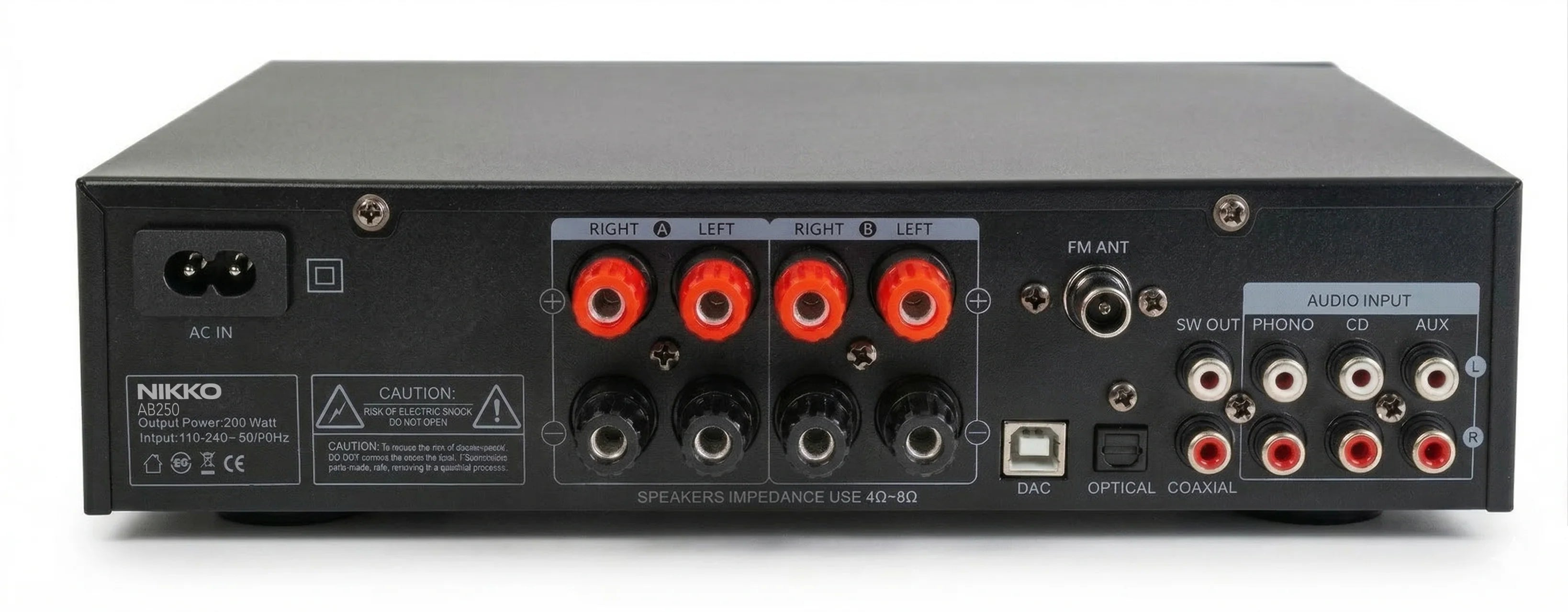 Rückseite eines schwarzen Nikko AB250 Verstärkers mit Anschlüssen für Lautsprecher, Antenne und Audioeingänge.