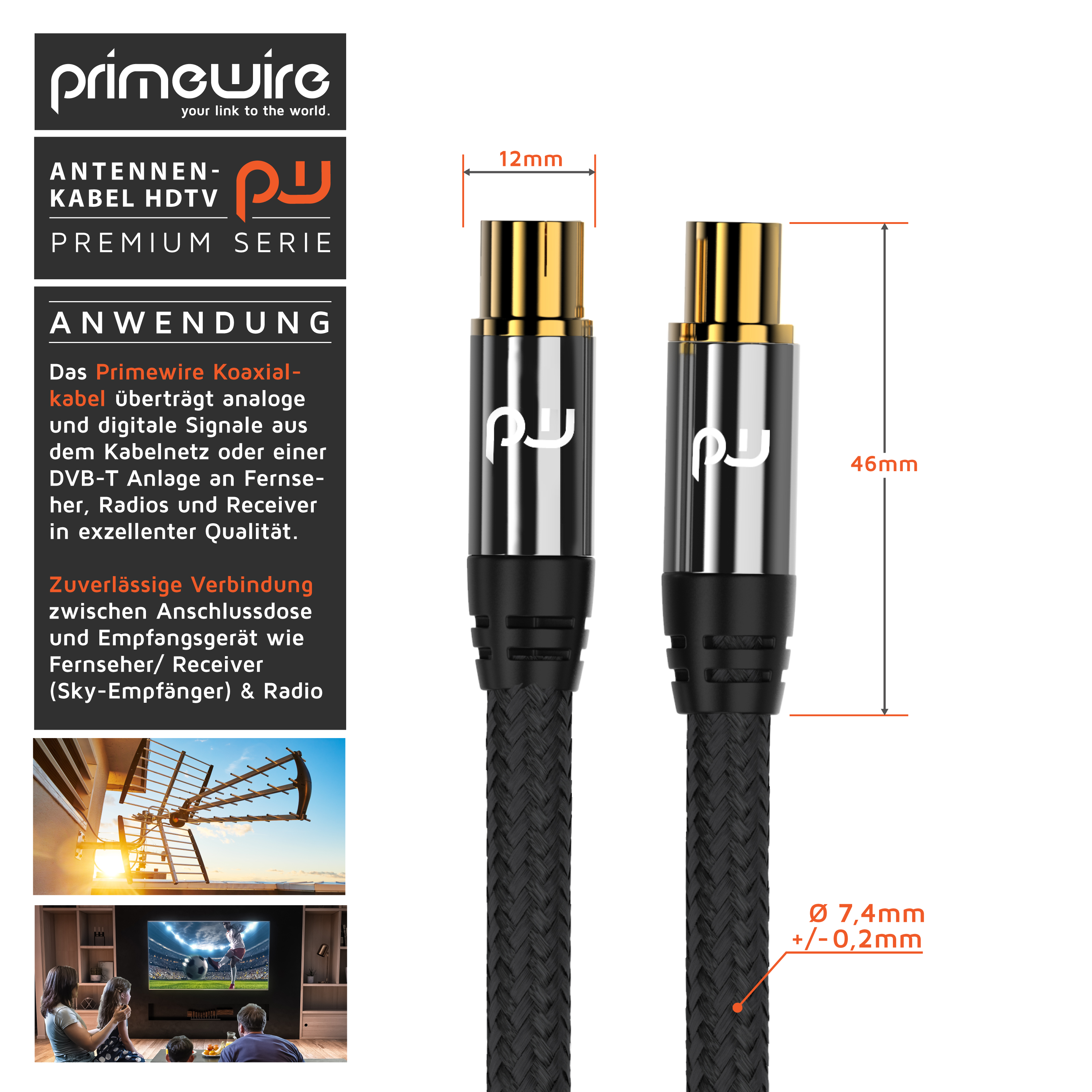 Zwei vergoldete Primewire Koaxialkabel-Stecker mit Maßangaben und Produktinfo.