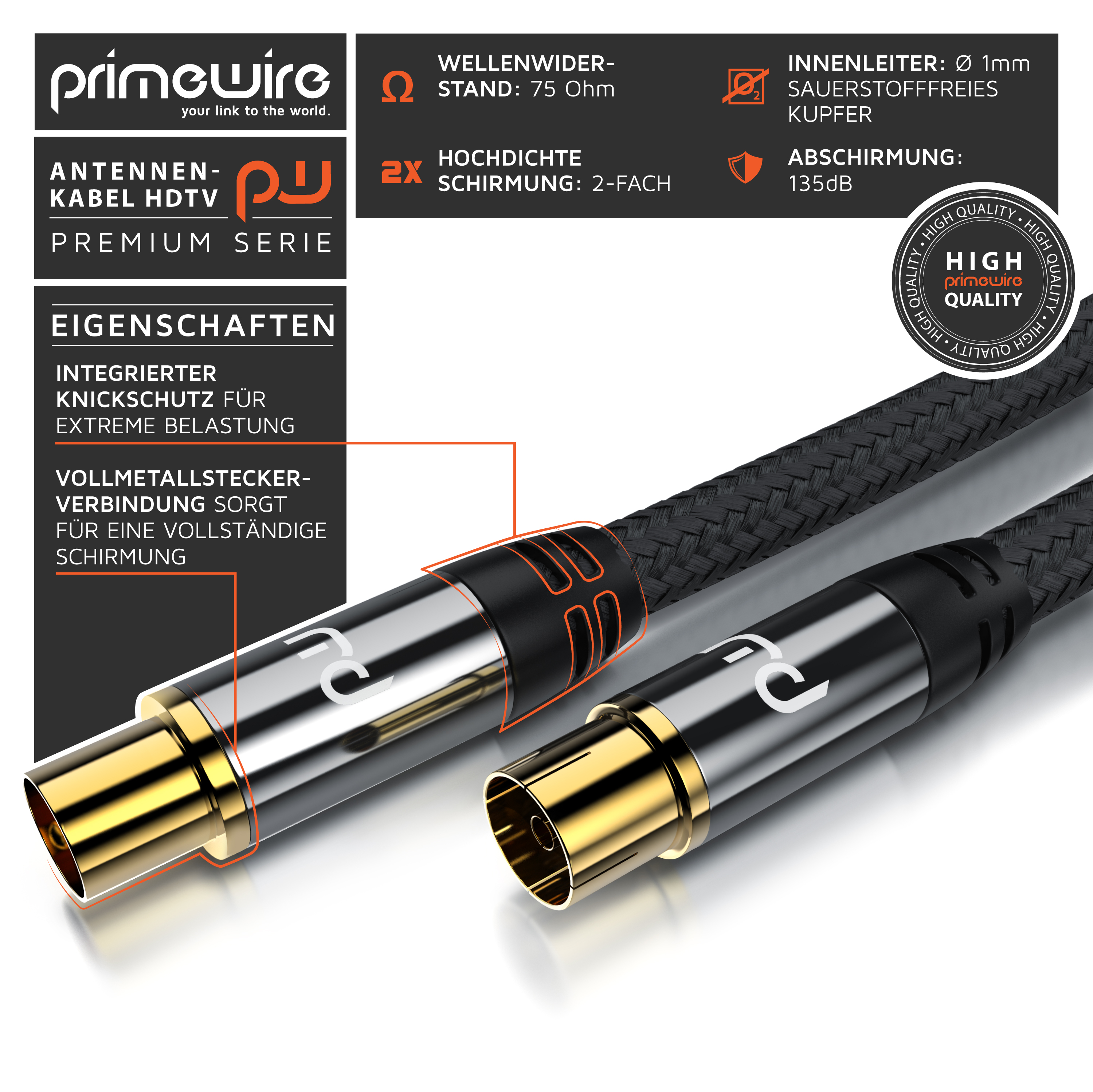 Primewire HDTV-Antennenkabel mit vergoldeten Anschlüssen und technischen Eigenschaften.