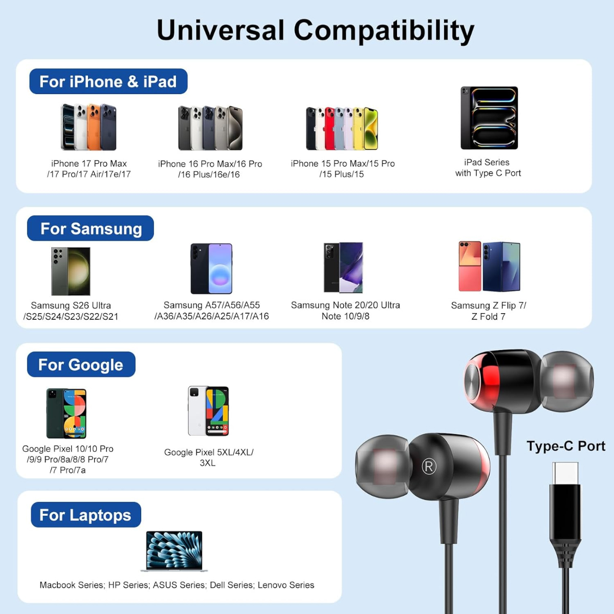 Universal kompatible Kopfhörer mit Type-C-Anschluss für iPhone, Samsung, Google und Laptops.